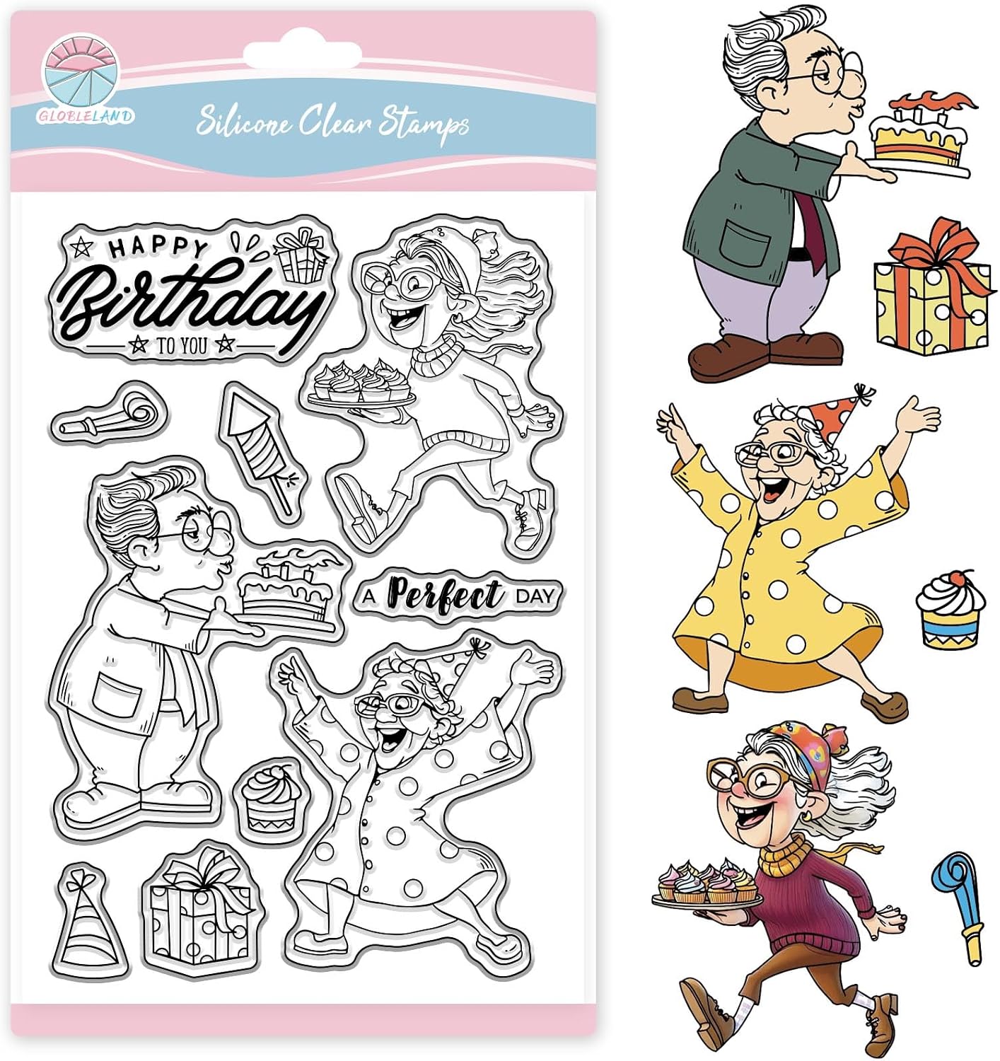 GLOBLELAND Funny Cartoon Birthday Elderly Clear Stamp for Scrapbooking Cartoon Grandmother and Grandpa Silicone Stamps Gift Cake Transparent Stamp for Card Making DIY Embossing Journaling