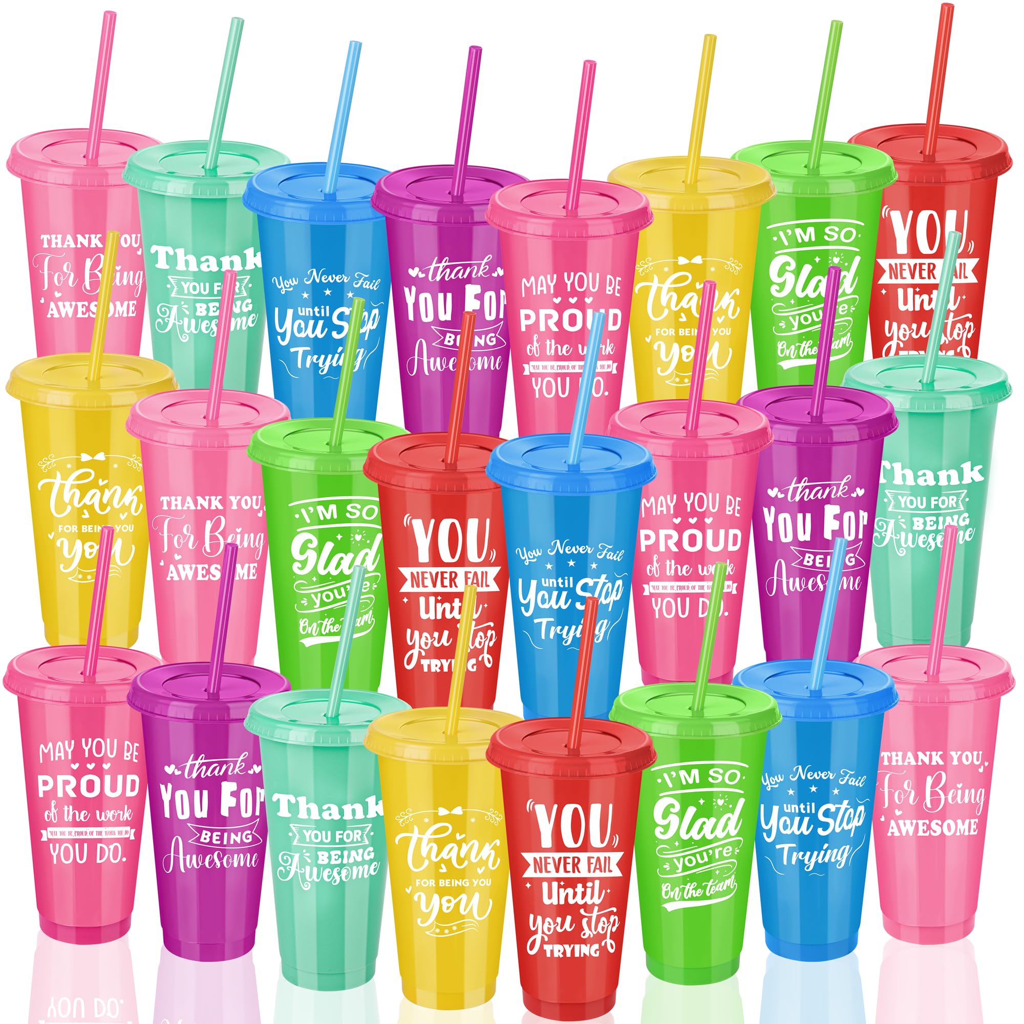 Kochorie 24 Pieces Thank You Cups 24 Oz Inspirational Plastic Tumbler Cup with Lids and Straws Reusable Appreciation Gift Bulk Thank You Gifts for Staff Coworker Teacher Employee, Rainbow