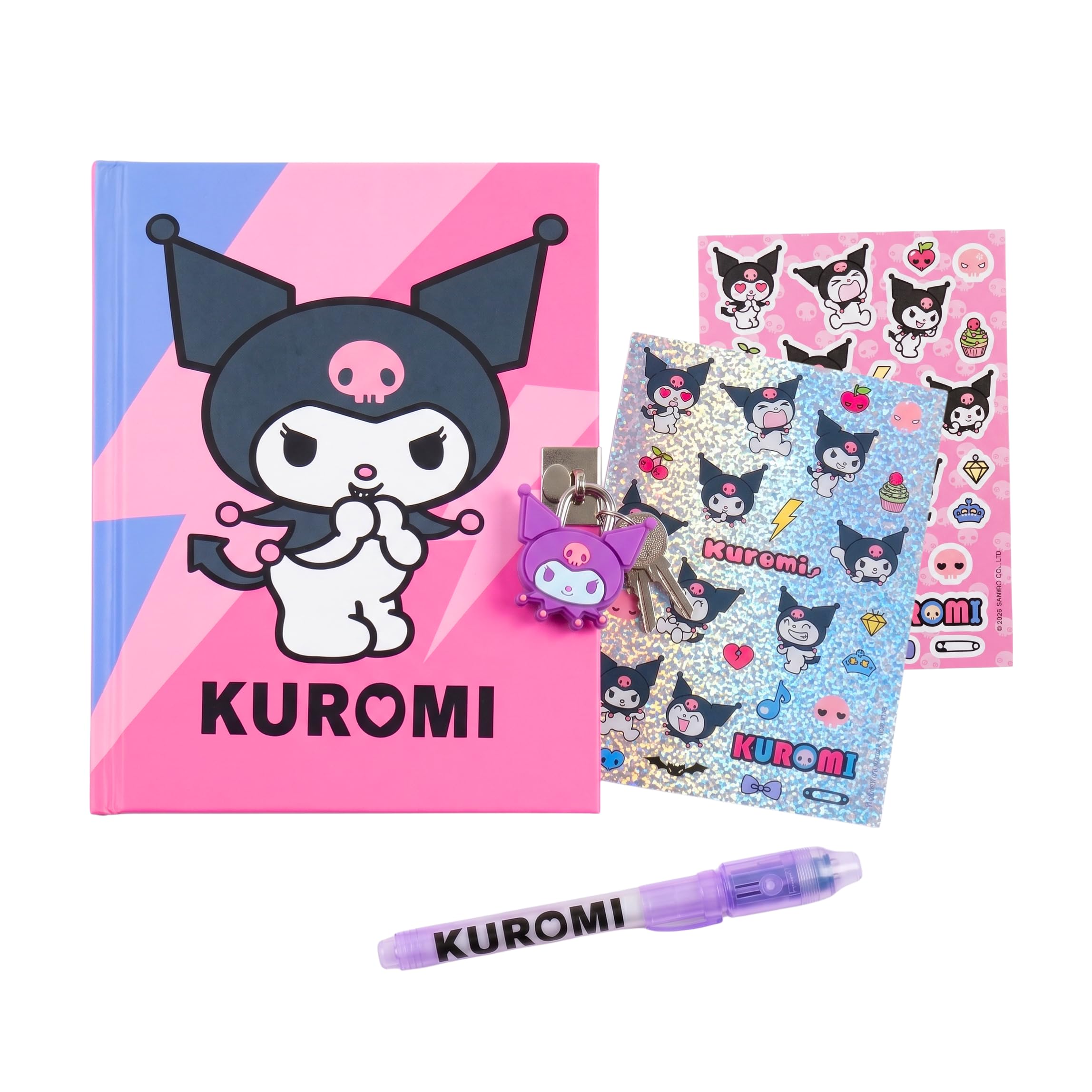 Hello Kitty Kuromi Juego de Papelería para Niñas, Incluye Cuaderno Pegatinas Boligrafo Candado y Llaves, Regalo para Niñas