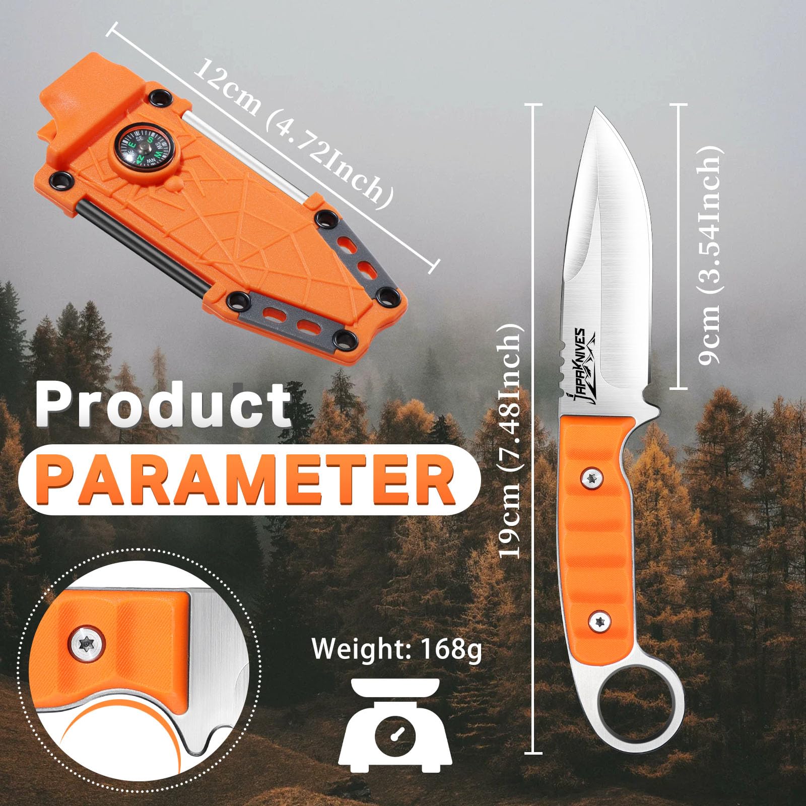 Japaknives Fissa Lama Piccolo Outdoor Coltello 9cm Sopravvivenza Coltello con Guaina Skinner G10 Impugnatura Camping coltello per Campeggio Arancione