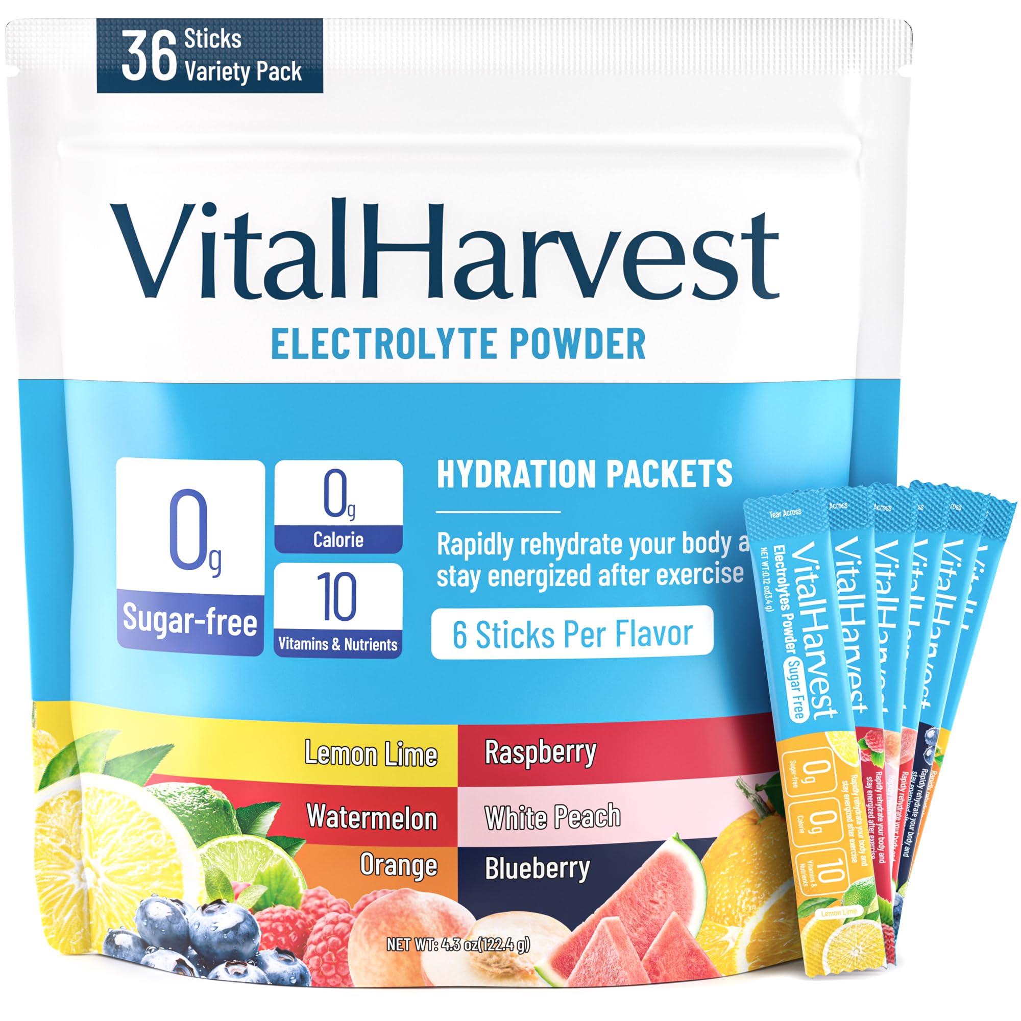 VitalHarvest 36 Sticks Electrolytes Powder Packets 6 Flavors Sugar Free Hydration Packets Electrolyte Liquid Daily IV Drink Mix with Lemon Lime, Watermelon, Orange, Raspberry, White Peach, Blueberry