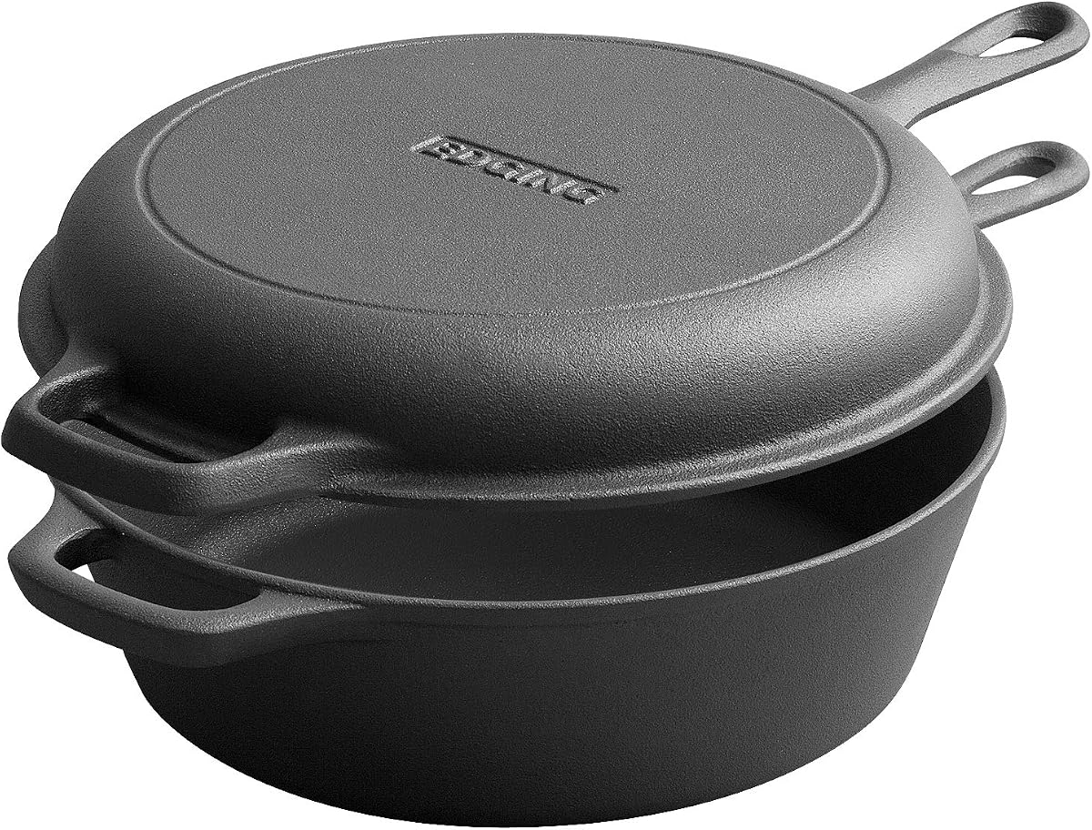 EDGING CASTING Olla de horno holandés de hierro fundido 2 en 1 presazonada con tapa de sartén, sartén de 10 pulgadas, olla de 3 cuartos para cocinar, hornear, freír y acampar
