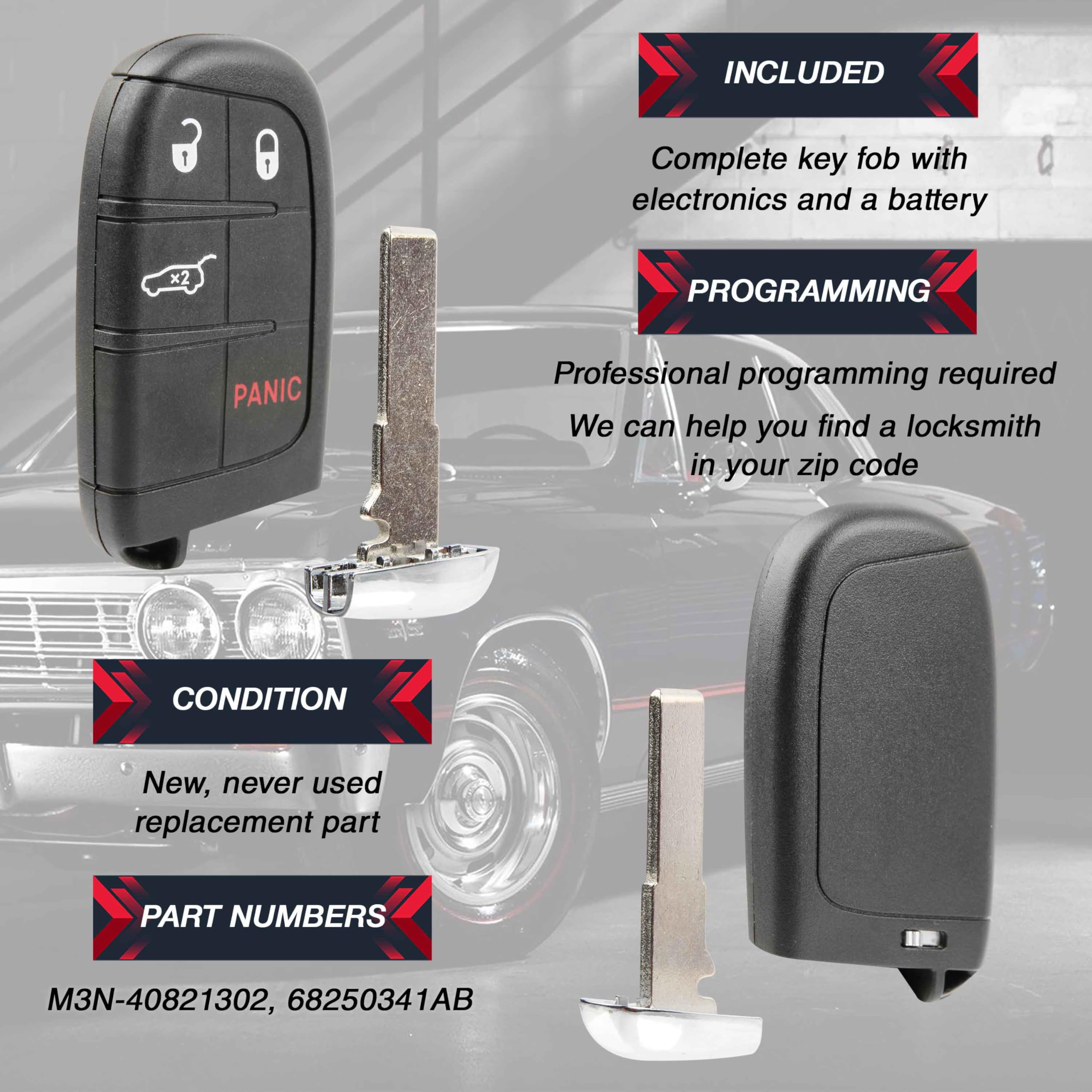 2 llaveros de repuesto de 4 botones de alta seguridad para Jeep Compass 2017-2022 (M3N-40821302, 68250341AB)