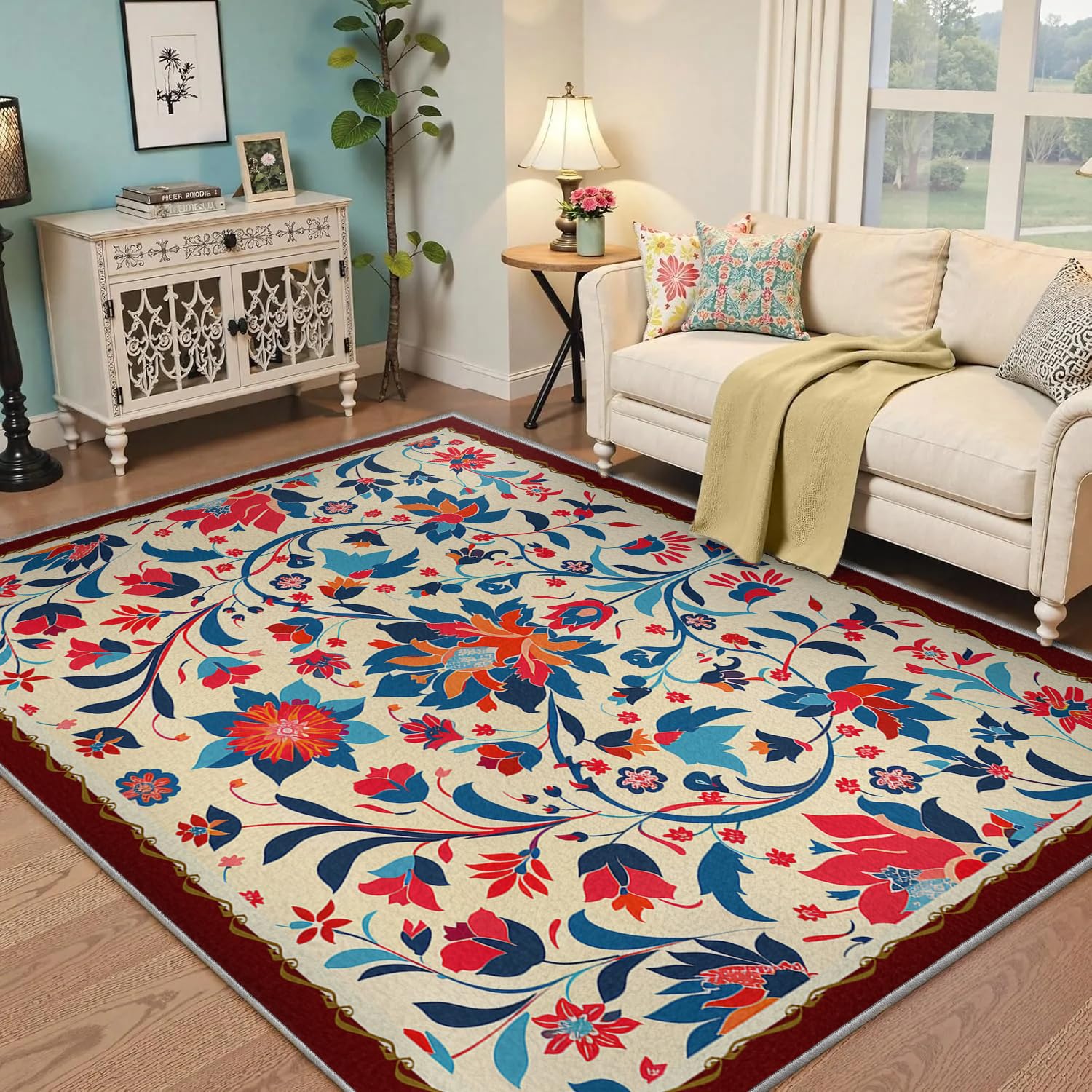 Dywan obszarowy 140x200 cm tradycyjny orientalny design dywaniki z kwiatowym nadrukiem niebieski i czerwony dywan z niskim włosiem dywan do obszarów o dużym natężeniu ruchu w salonie i sypialni