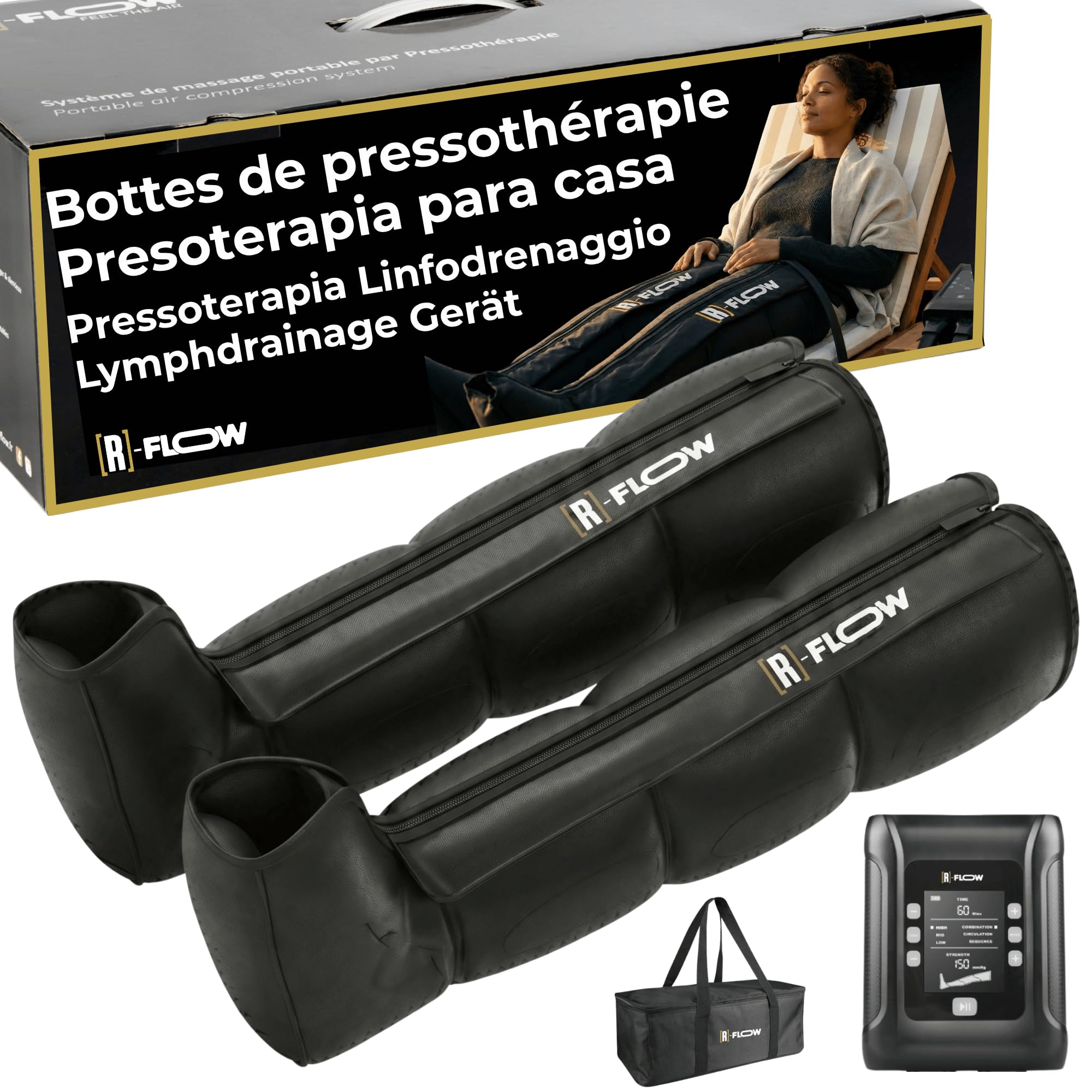 [R]-FLOW Presoterapia para Casa 4 Zonas|Botas Presoterapia Piernas|Masajeador Anticelulitico Reductor|Presoterapia Profesional|Masajeador de Pies y Piernas|Drenaje linfatico| Regalo dia de la Madre