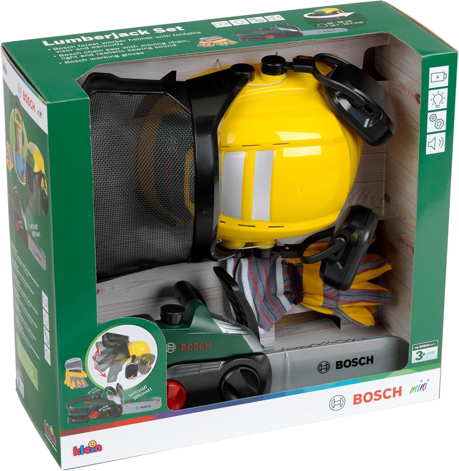 Theo Klein 8197 Bosch Lumberjack Set | With chainsaw, forest helmet and gloves | Realistic saw sound and flashing light | Officially licensed product | Toy for children from 3 years