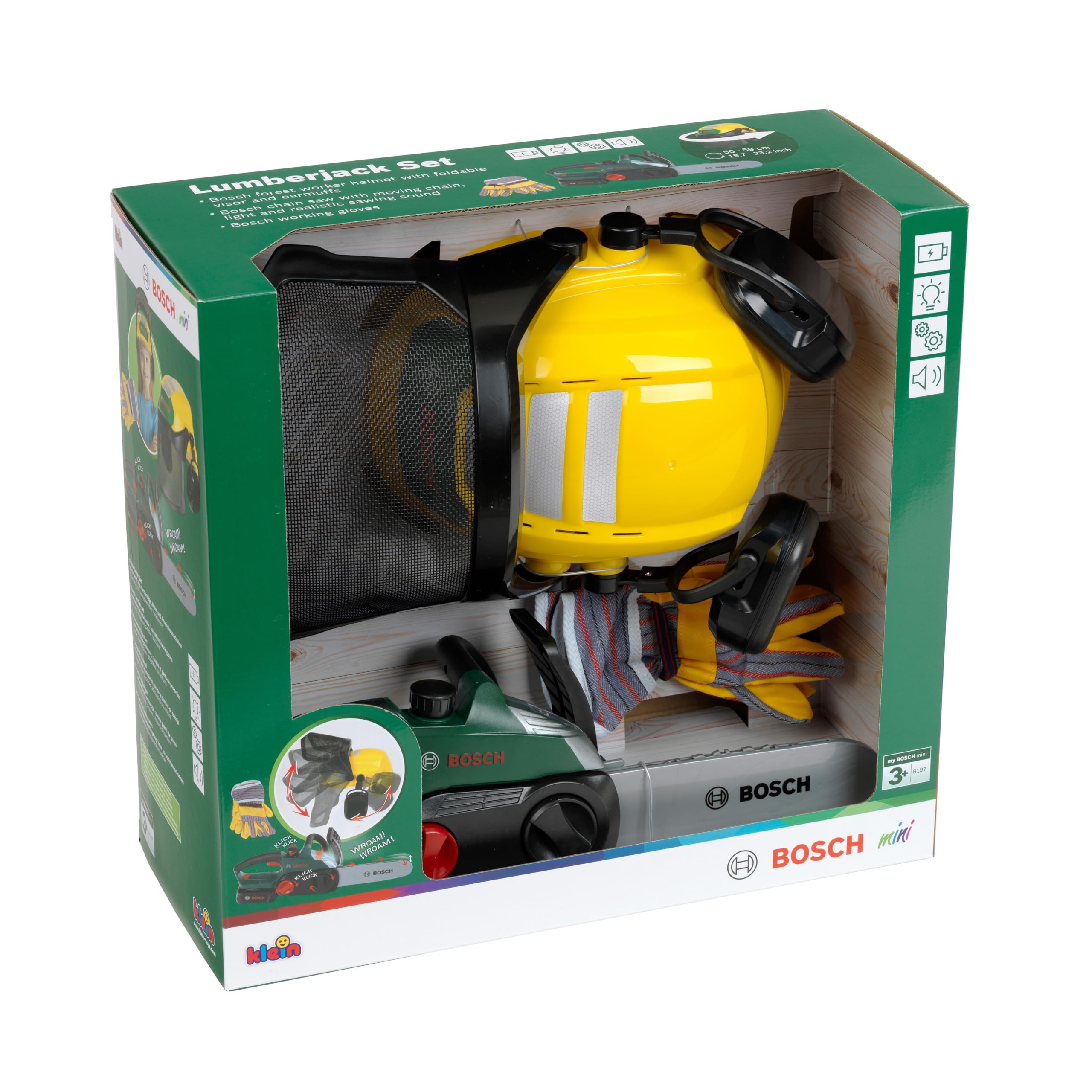 Theo Klein 8197 Bosch Set Boscaiolo | con Motosega, Casco forestale e Guanti | Suono Realistico e Luce Lampeggiante | Prodotto con Licenza Ufficiale | Giocattolo per Bambini dai 3 Anni