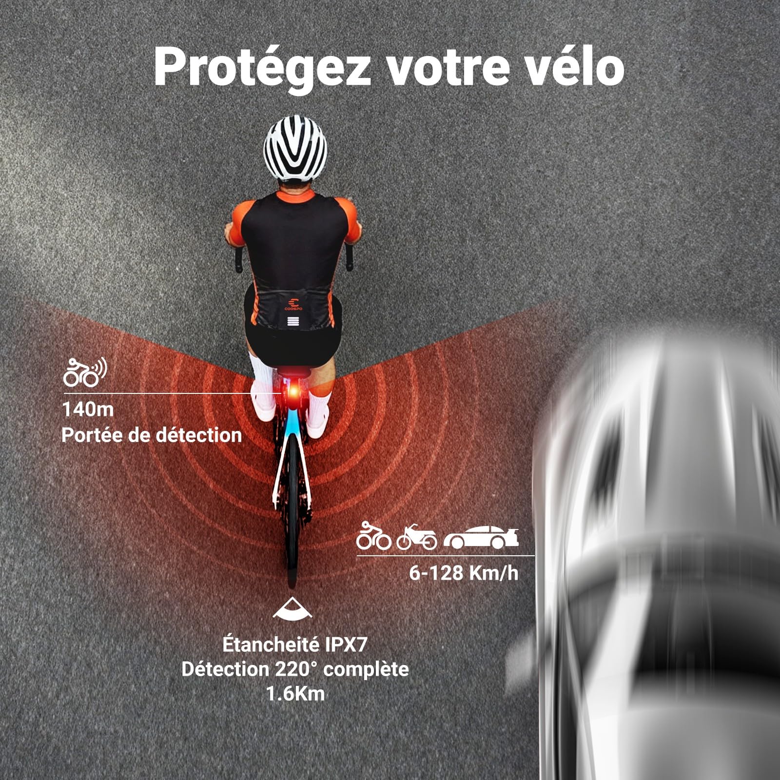 COOSPO TR70 Feu Arrière Radar Intelligent Vélo, 140m Détection, Bluetooth & Ant+ Connexion Double, 7 Modes Lumineux, 40h Autonomie, IP67 Étanche VTT & Route