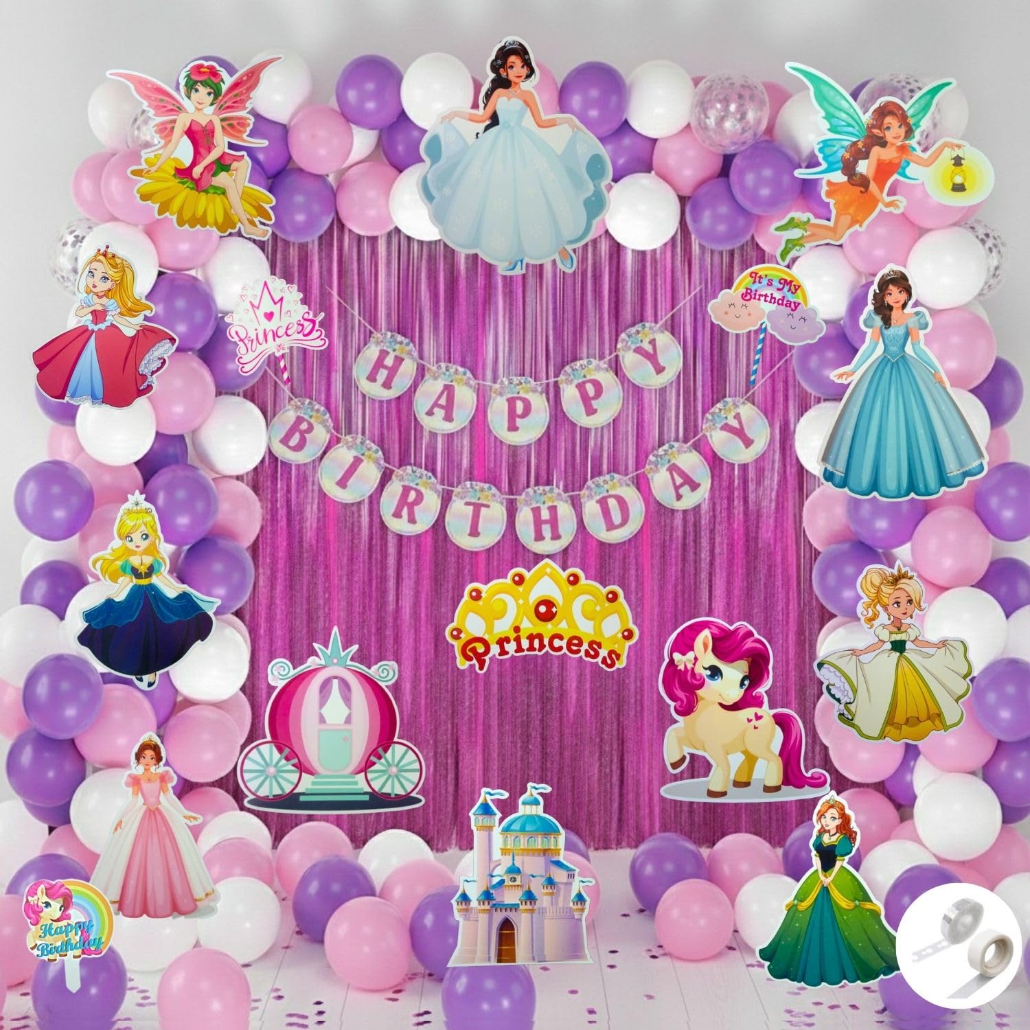 FI - FLICK IN 71 pcs Princess Theme Birthday Decoration for Girls Balloon Garland Kit Princess Figure Cutouts Cake Topper 1st Birthday Princess Party Decoration for Girls (Pack of 71, Multicolor)