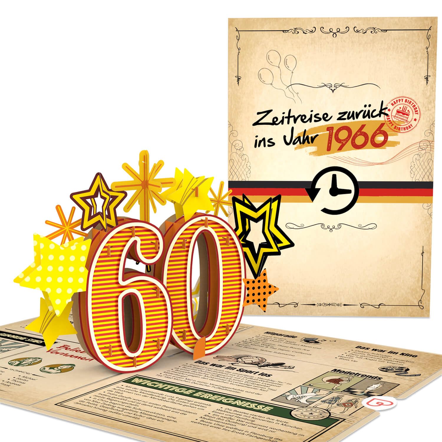 papercrush® Pop-Up Karte „Zurück ins Jahr 1966“ - Lustige 3D Geburtstagskarte zum 60. Geburtstag für Frau & Mann - Besondere Glückwunschkarte 60 Jahre mit lustigen Fakten zum Jahrgang