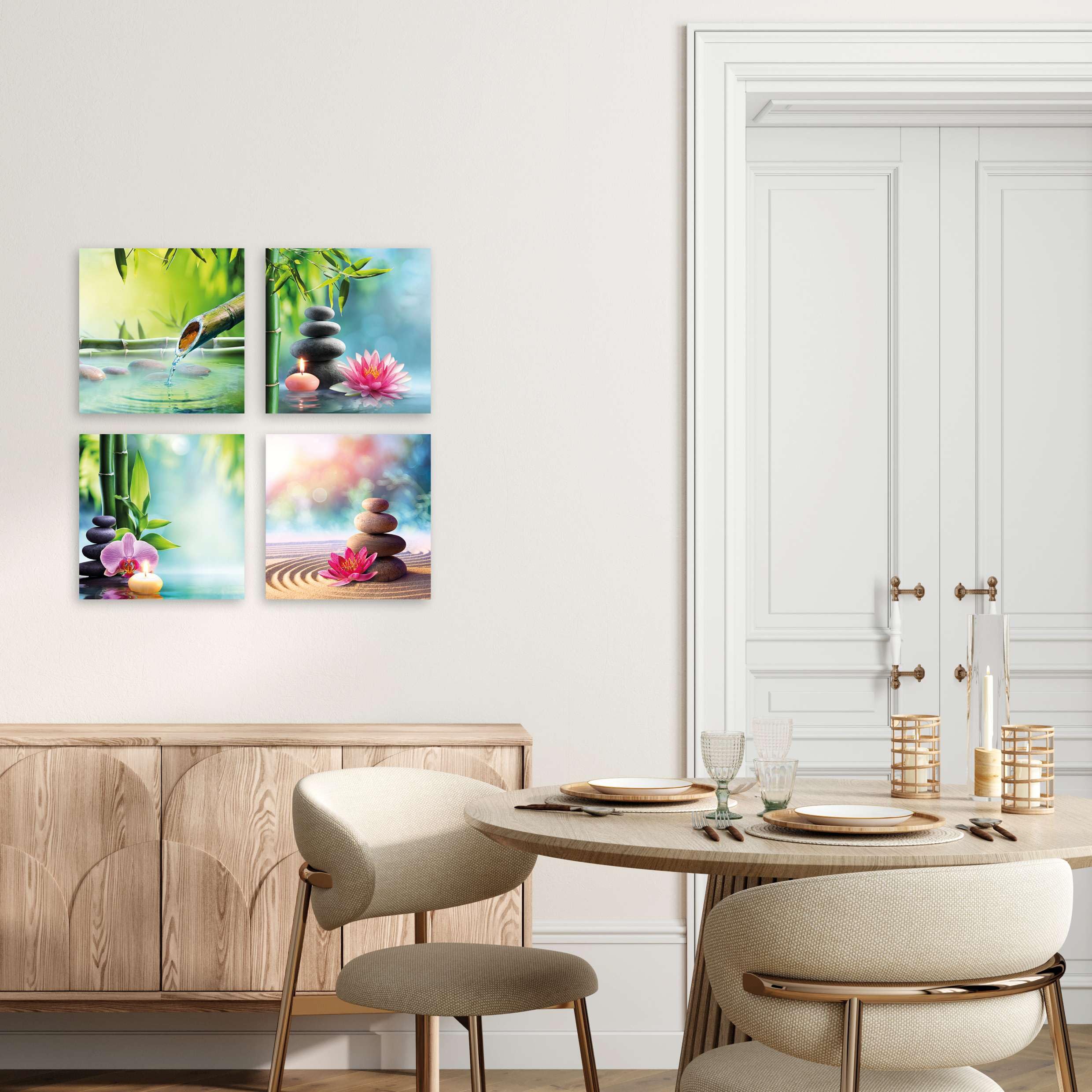 LuxHomeDecor Set di 4 quadri 30x30 cm – stampa su tela con telaio in legno – zen spa rilassante con fiori, bambù e pietre