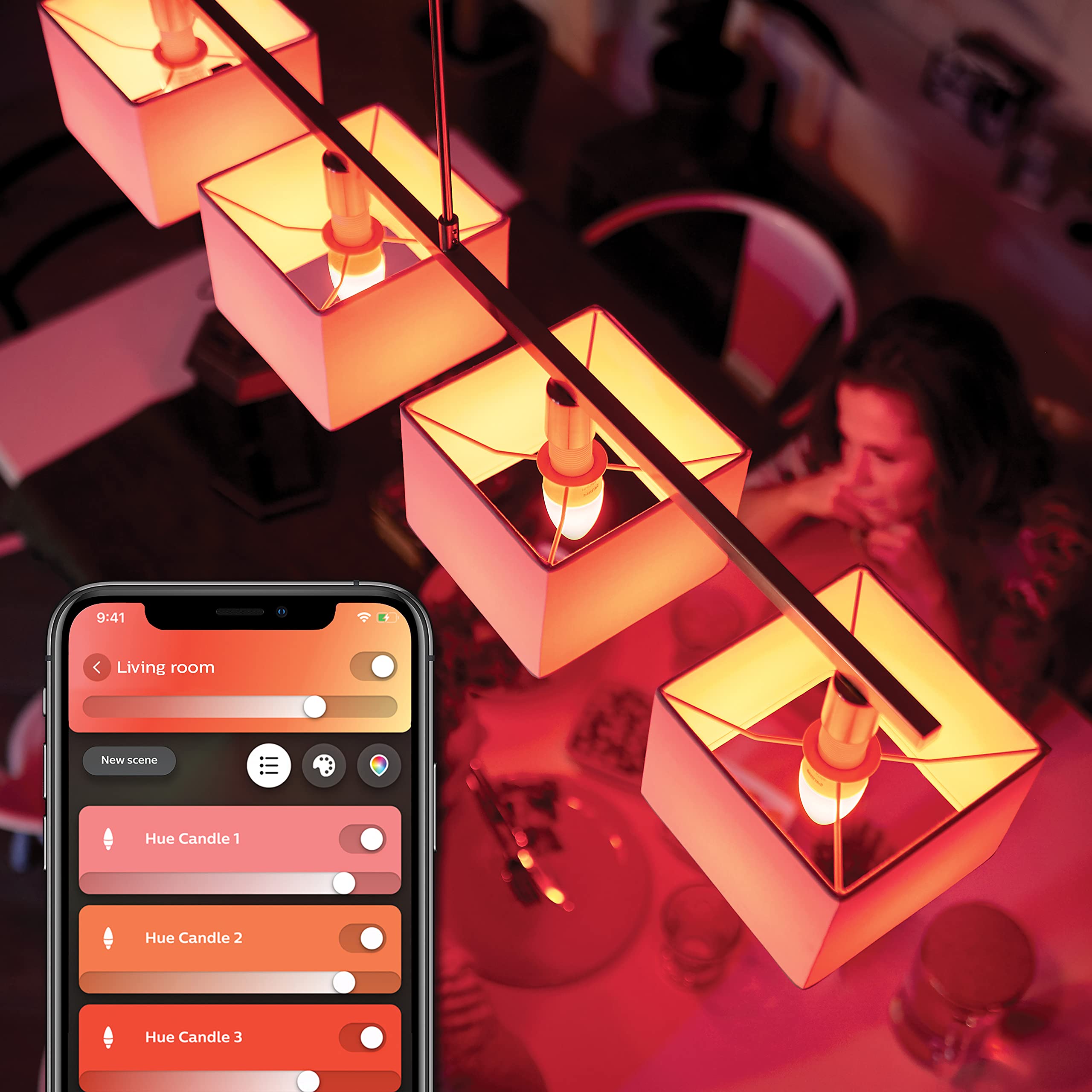 Philips Hue Vorteilspaket - E14 - mit 4 Kerzen LED Lampen - Weißes und Farbiges Licht - inkl. 1 Hue Dimmschalter - Hue White and Color Ambiance