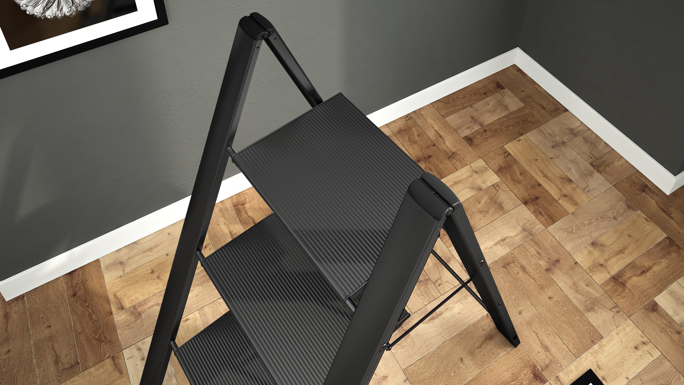 Colombo Scala Pieghevole in Alluminio Leonardo | Scala 3 Gradini Nera, Robusta con Gradini Extra Large 33x26cm Antiscivolo, Design Moderno | Portata 150kg | Conforme EN131 TÜV-GS | Made in Italy