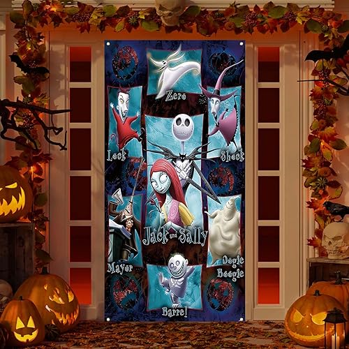 Jack Skellington Sally Zero - Cubierta de puerta de Jack Skellington Sally Zero - Fondo de fotos para Halloween, Navidad, Navidad, decoración y