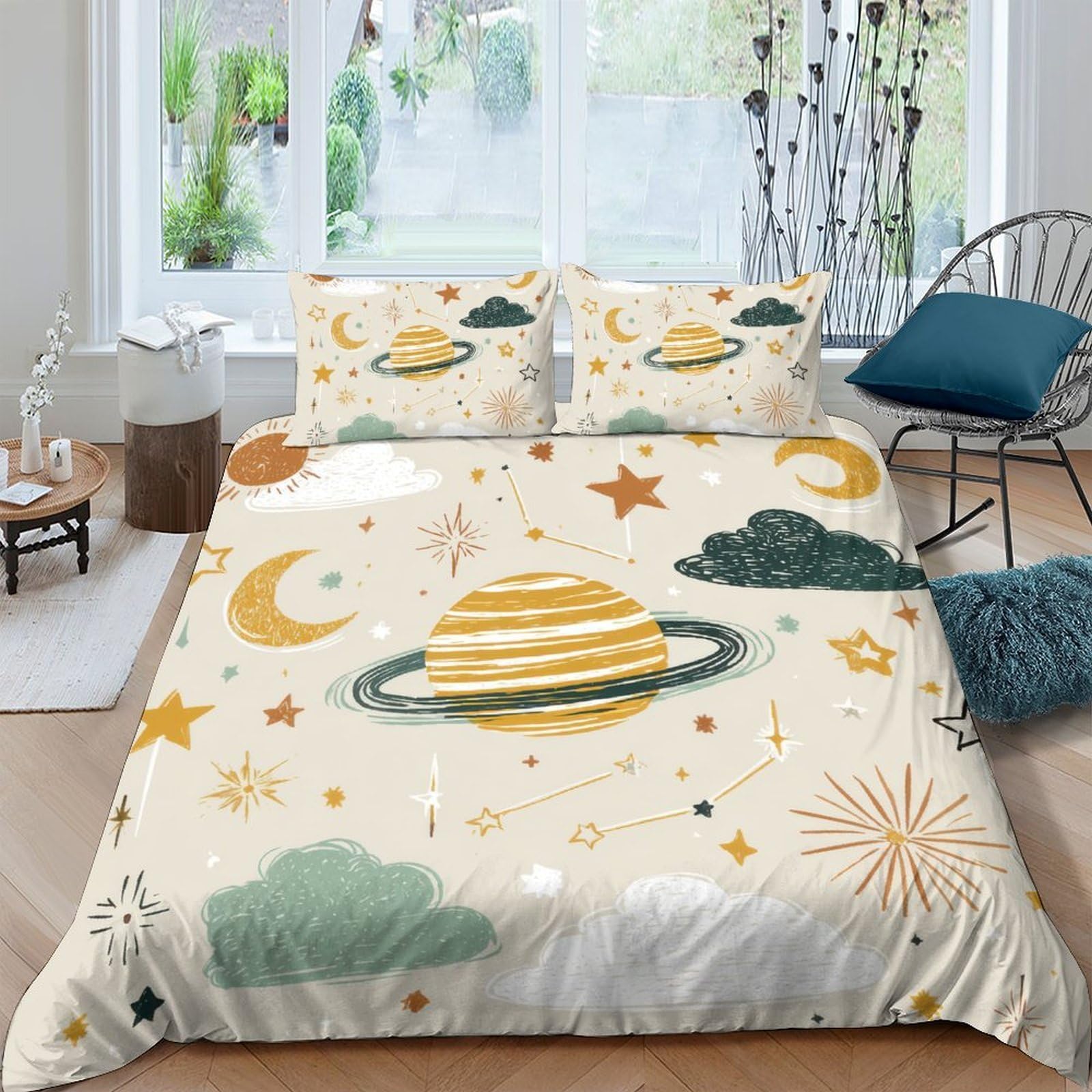 Ctjqhvkz Style-5 3D Printed Saturn Planet Fitted Sheet Microfiber Sky Moon Mattress Cover For Bedroom Dorm Easy Care Decorative Single（135X200cm）