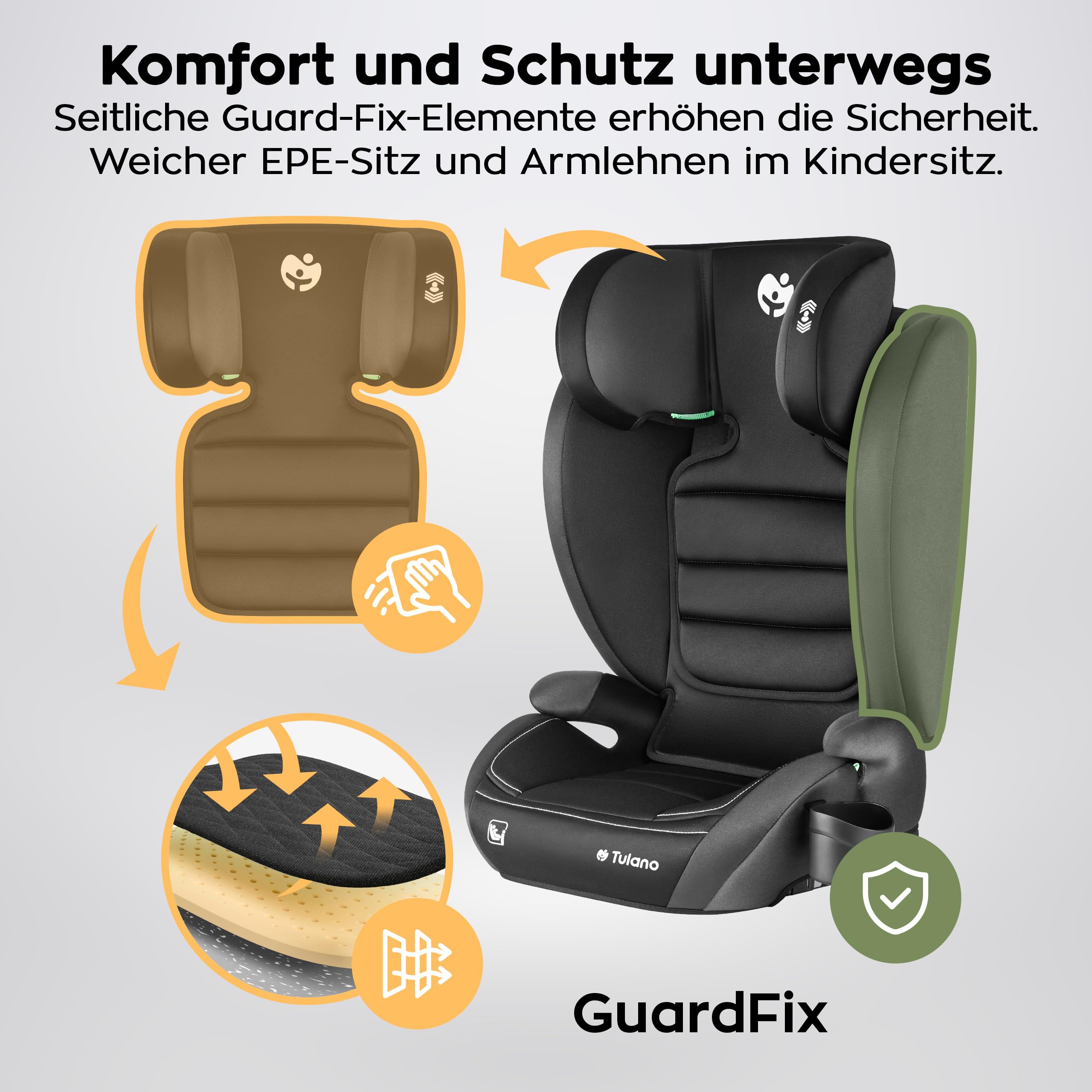 Tulano Joy 25 Auto Kindersitz 15–36 kg mit Isofix - Gruppe 2/3 Autositz 100–150 cm - Sitzerhöhung Kinder - höhenverstellbare Kopfstütze - Bezug waschbar - mit Gurt - Schwarz Grau