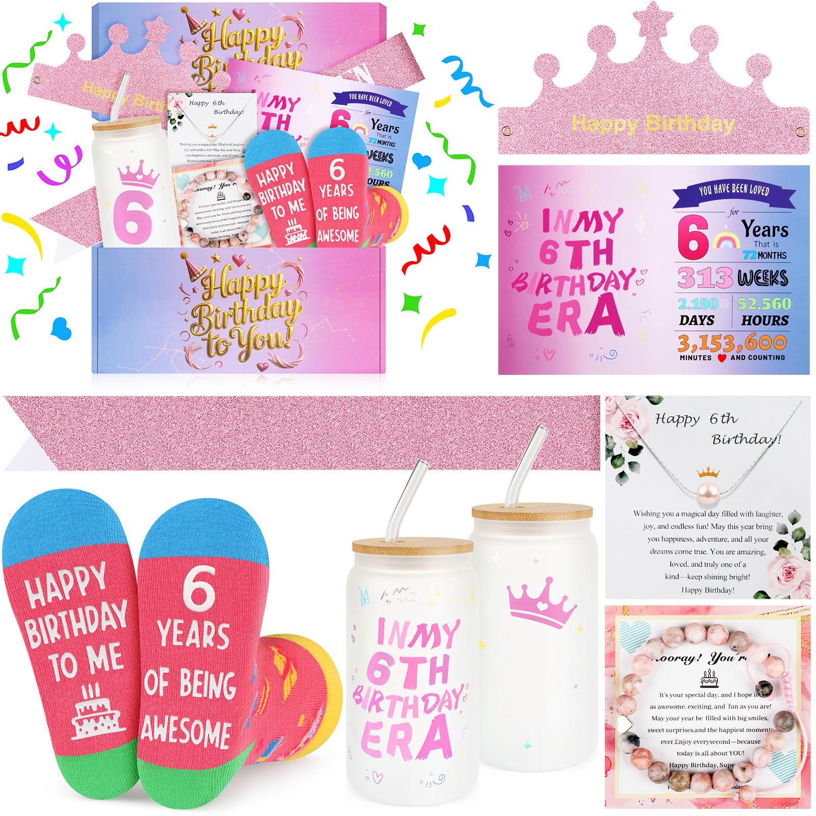 6 Year Old Girl Birthday Gift Set, Gifts for 6 Year Old Girls with Glass Cup (16oz), Socks, Pearl Necklace, Beaded Bracelet, Birthday Hat, Sash & Card