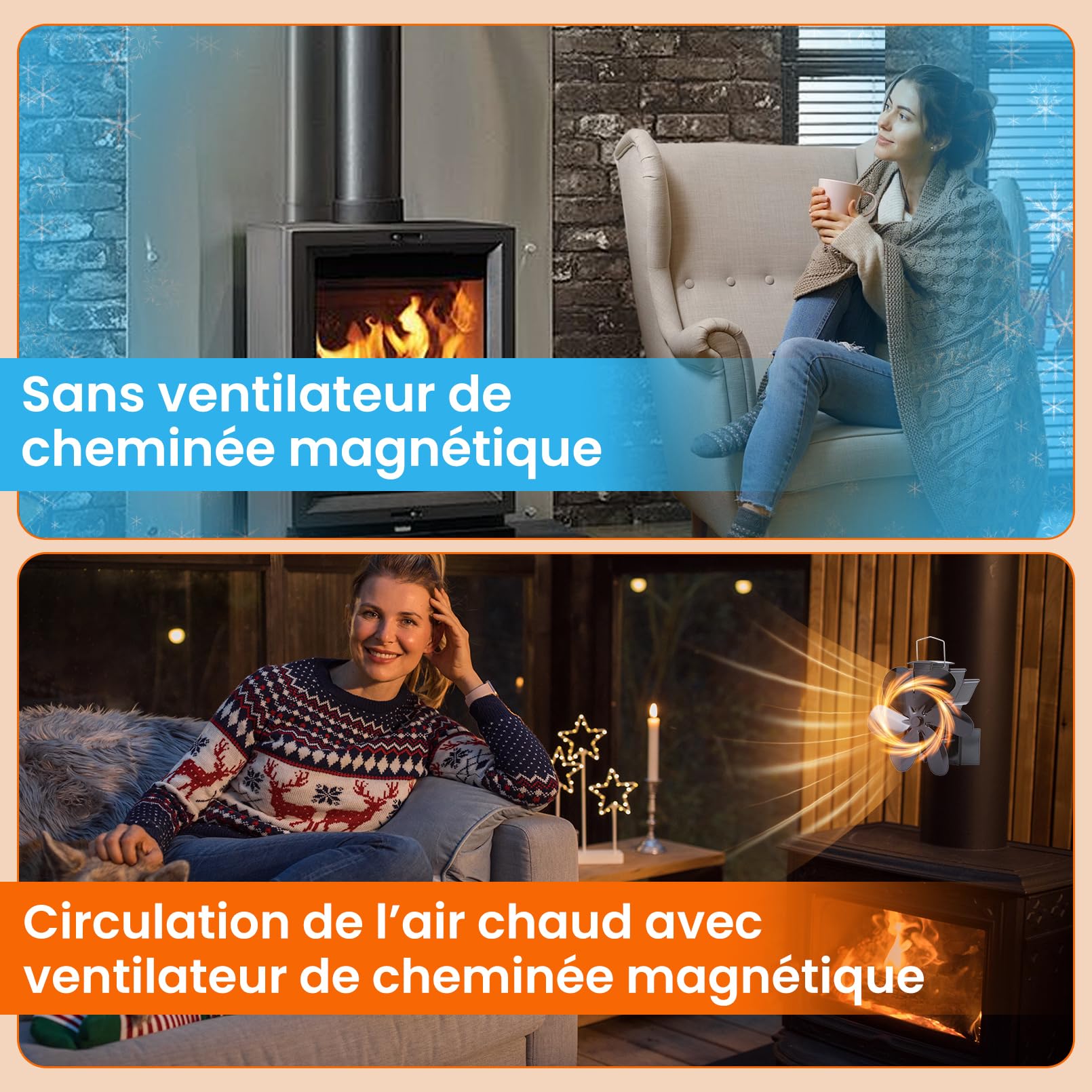 JossaColar Ventilateur Poele à Bois Magnetique 6 Pales | Socle Réglable - Adapté aux Cheminées et aux Tuyaux de Poêle | Ventilateur de Cheminée Avec Thermomètre Magnétique