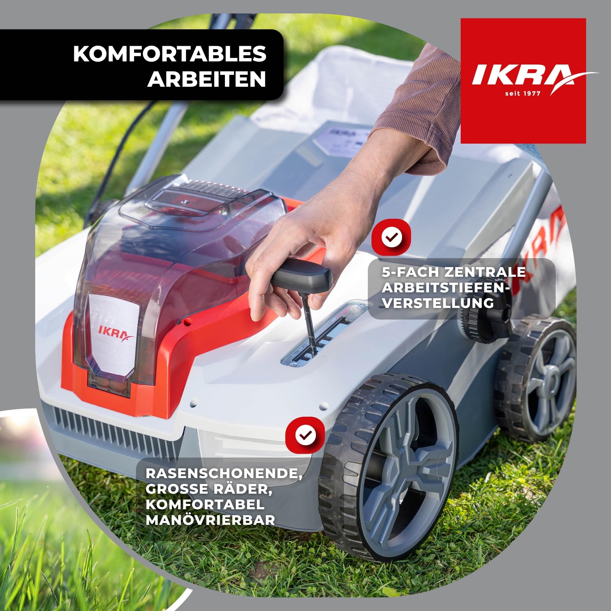 IKRA Akku Vertikutierer Rasenlüfter 3in1 IAVL 2-2040, Arbeitsbreite 40cm | Inkl. 2x Akku 20V 4,0Ah & Schnelllader, Fangkorb 40l, +12 bis -3mm, werkzeugloser Walzenwechsel, 20V-Akku-Familie von IKRA