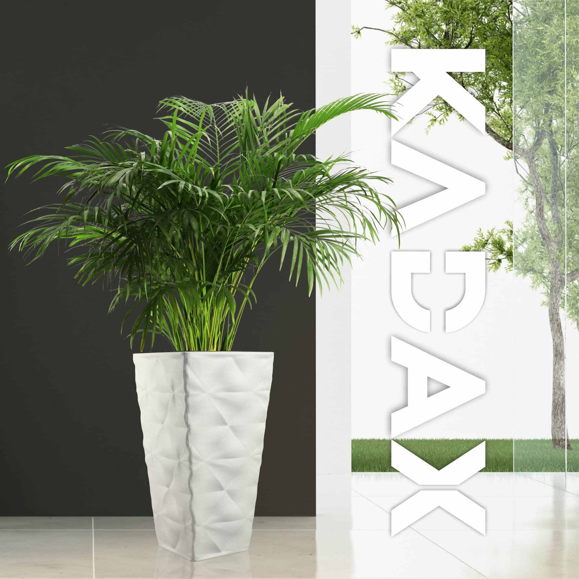 KADAX - Vaso alto in plastica con effetto 3D, grande vaso per fiori per uso interno ed esterno, vaso quadrato con inserto (bianco, 74,5 cm)