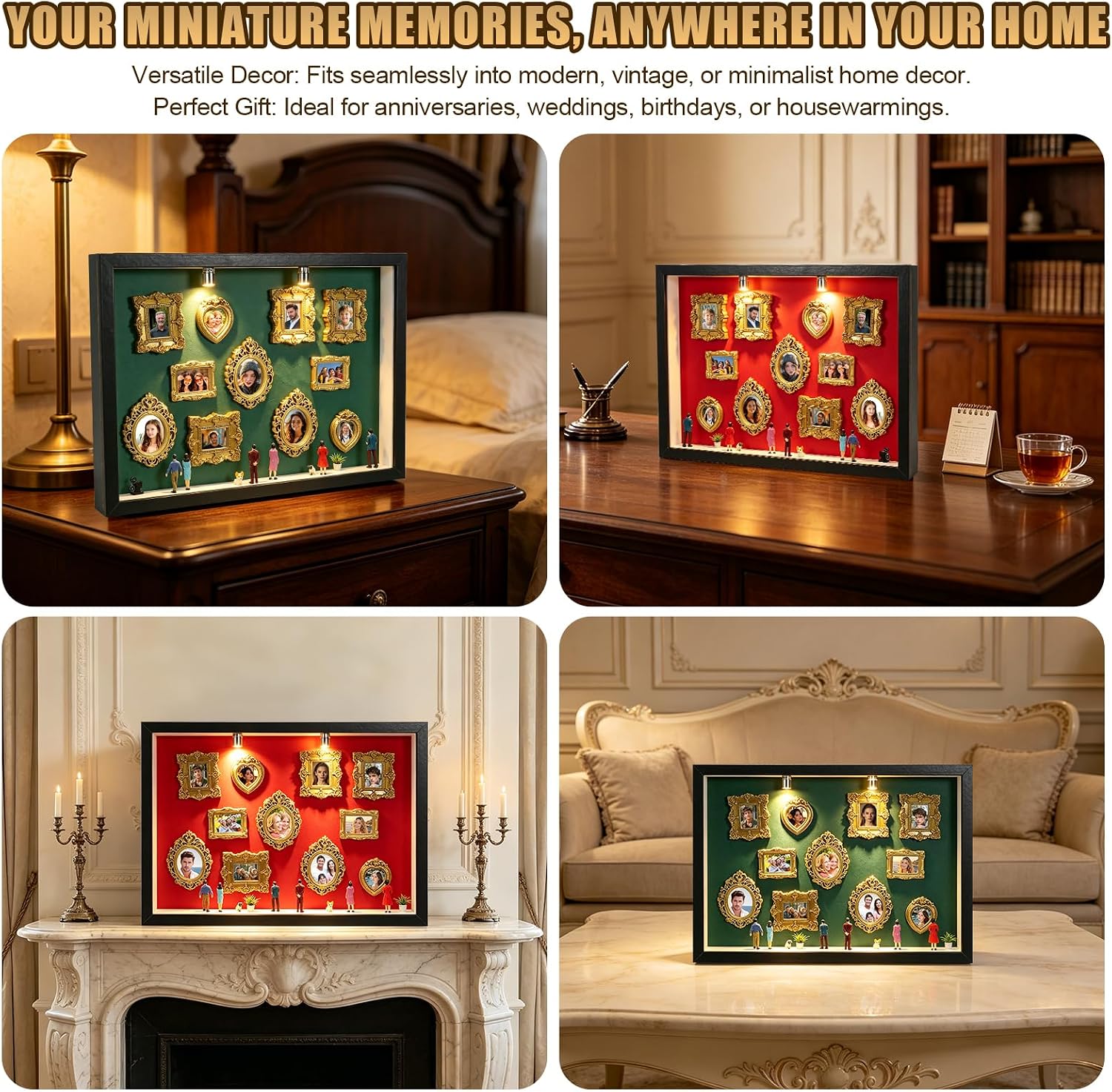 Mini Museum Shadow Box Kit, DIY Memory Display with LED Light, Gold Picture Frames & Figurines, Personalized Photo Collage Keepsake Gift for Couples, Anniversary, Mother's Day, Birthday and Wedding