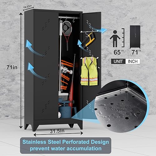 Miniatura 2 de Armario de almacenamiento de metal de 71 pulgadas con puertas, gabinete de acero multifuncional con cerradura para bañogaraje, almacenamiento de