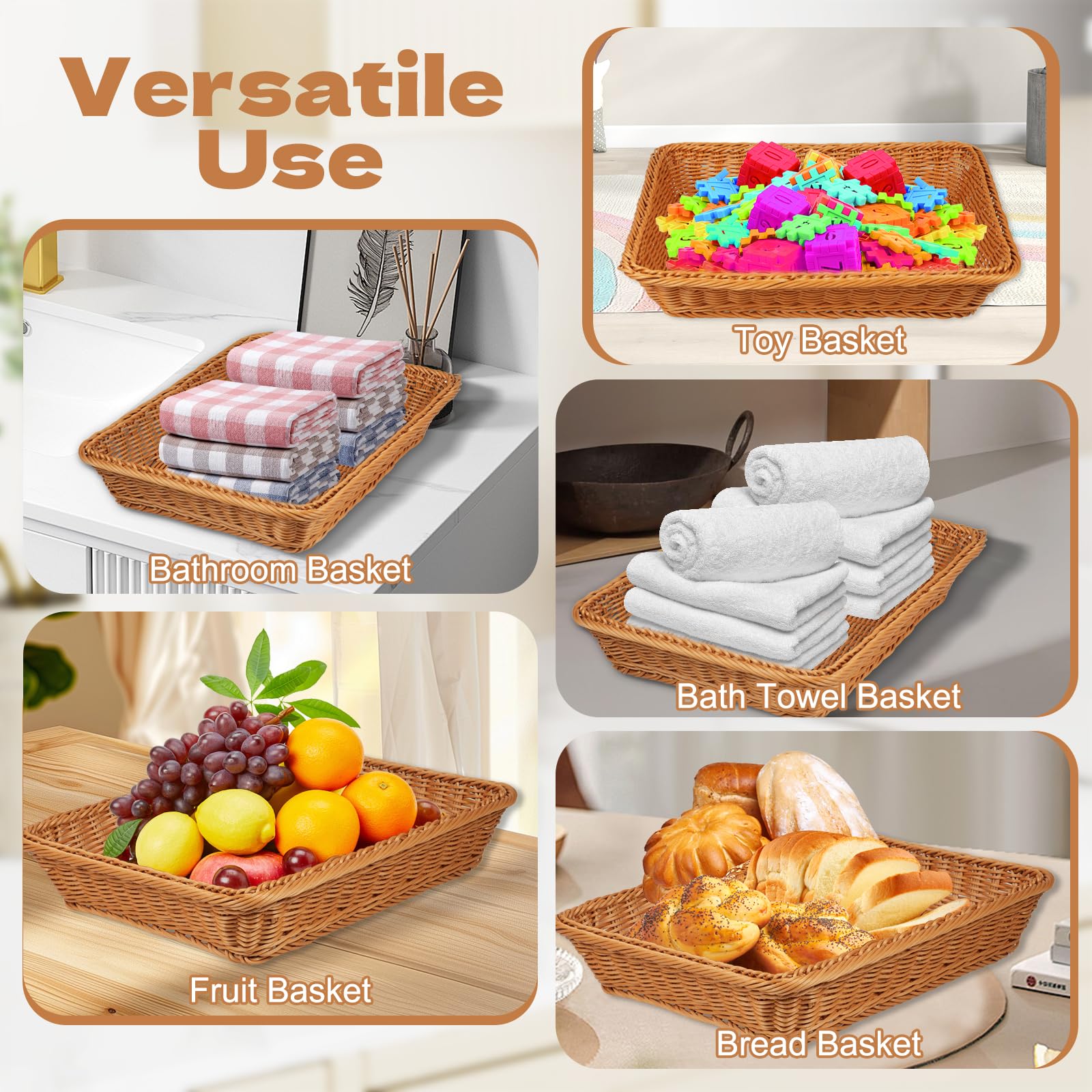 Confezione da 6 cestini per il pane in vimini sintetico, 40 x 30 cm, rettangolari, per frutta, cibo, cibo, cibo, per pane, verdure, frutta, snack, da tavolo, ristorante, casa all'aperto