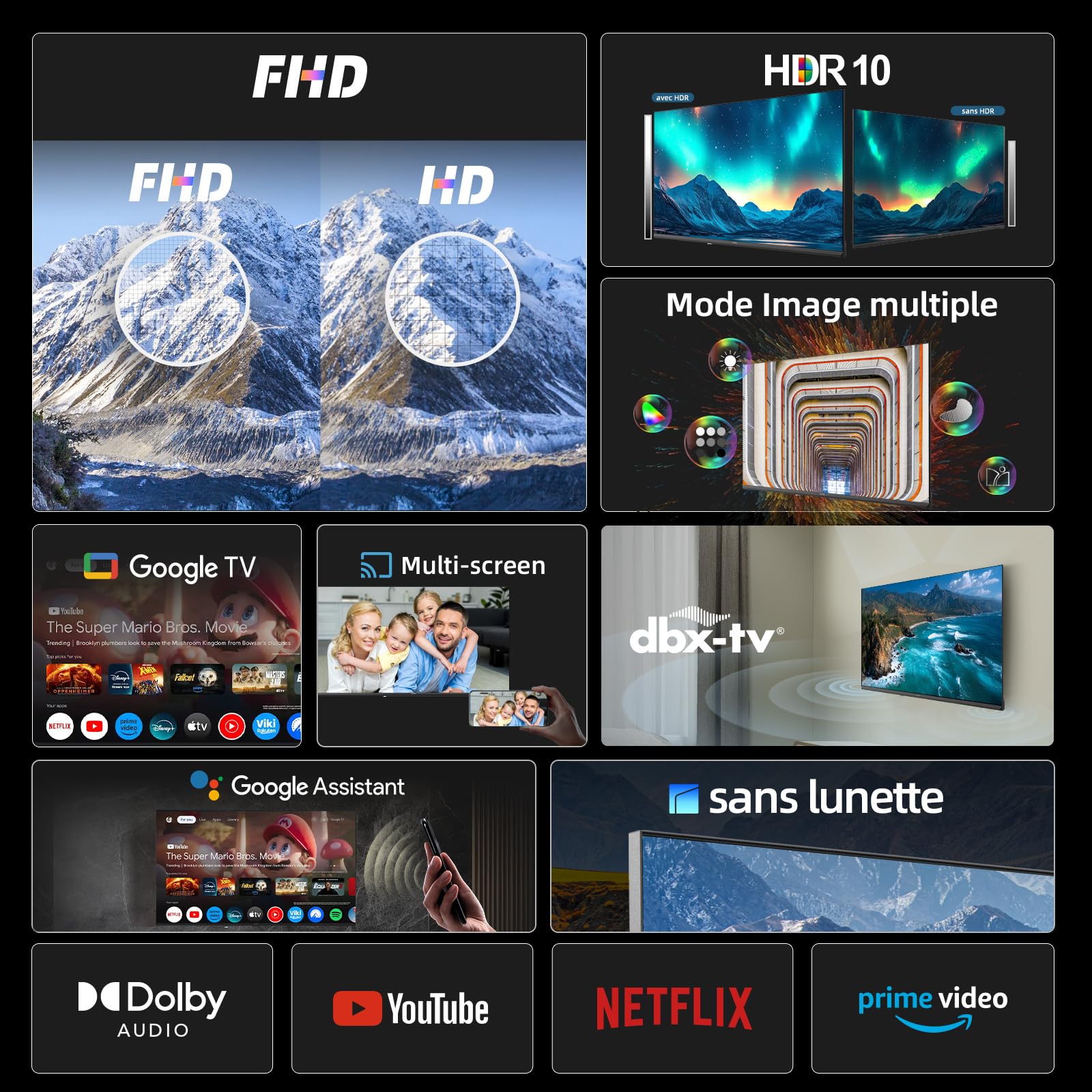 CHIQ L40FT Smart TV 40" (100 cm), Full HD, HDR10, Google TV OS, Audio Dolby & DBX-TV, Tuner Triple DVB-C/T/T2/S/S2, Chromecast Intégré, Design Métal sans Cadre