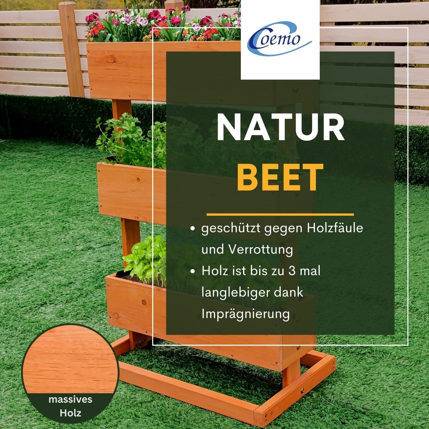 Coemo Vertikalbeet Hochbeet 3 Etagen aus Nadelholz, 50x30x75 cm, Braun