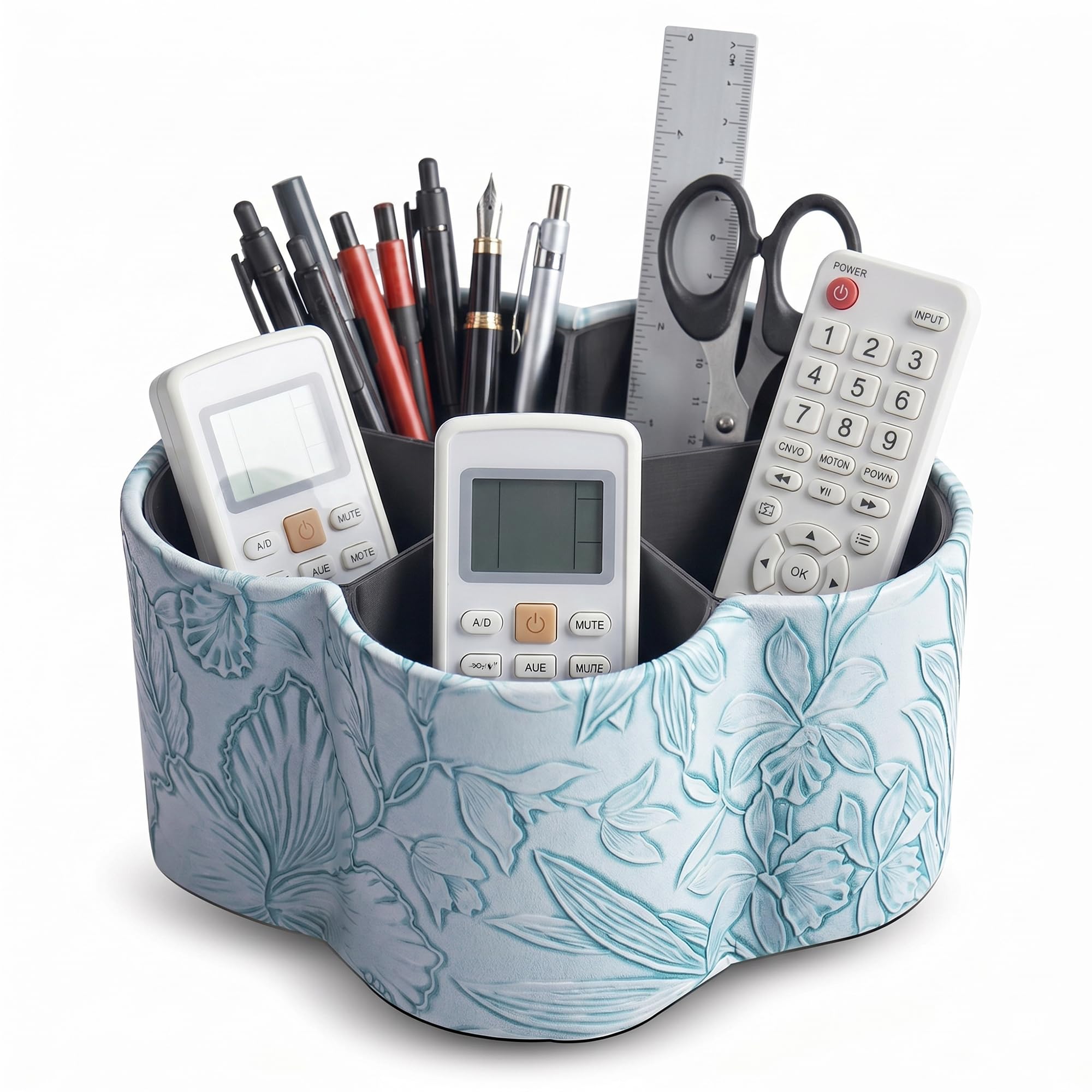 Czzmy Flower Shaped Leather Art Supply Organizer,Remote Control Holder,360 Degree Spinning,Multi-Functional Pencil Holder,5 Compartments Desktop Stationary Organizer(1-Flower Blue)