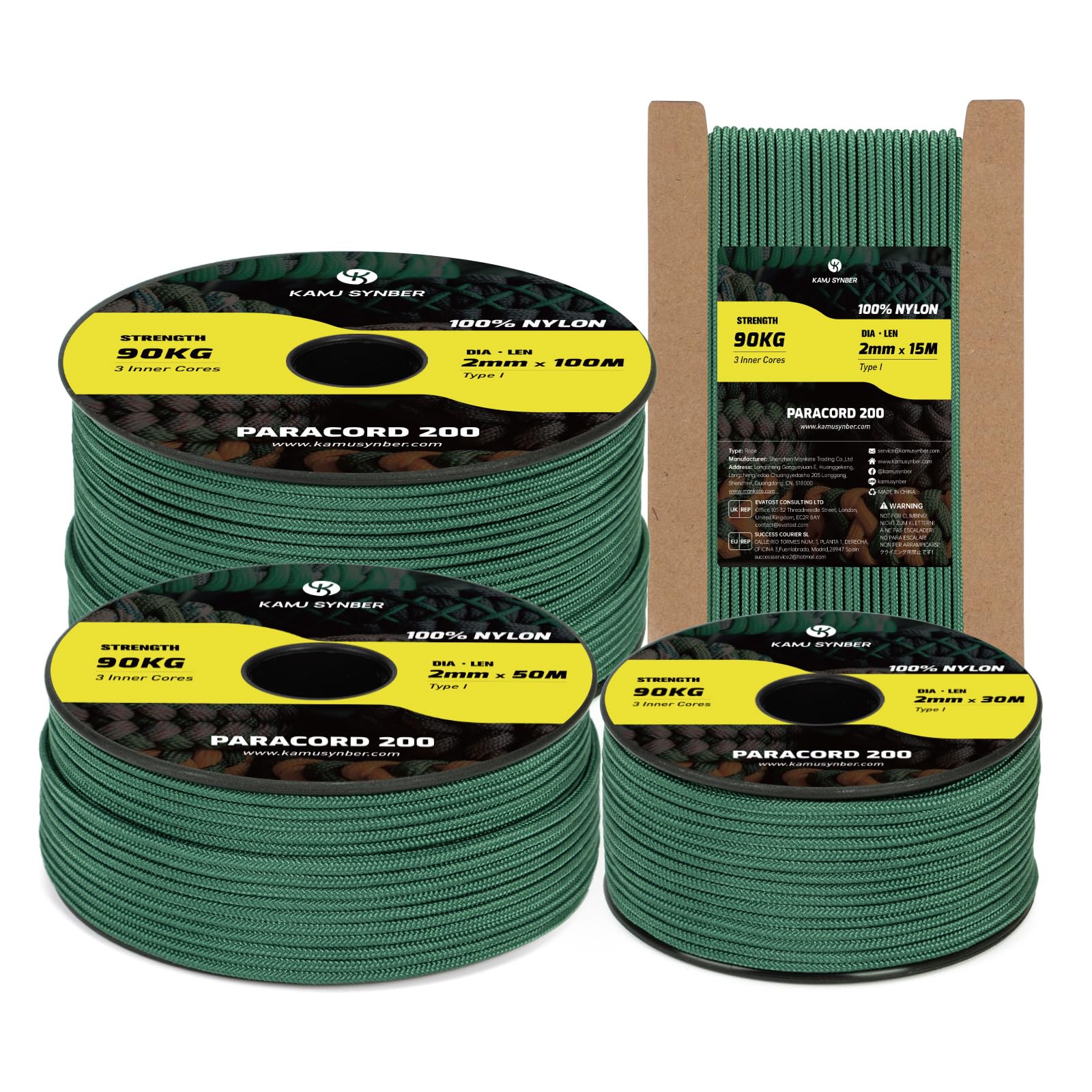 Kamu Synber Paracord 2mm 50M Seil 100% Nylon Schnur mit 3 Kern Reißfeste Typ I für Basteln, Outdoor, DIY, Camping | Tragkraft 90kg | Dunkelgrün