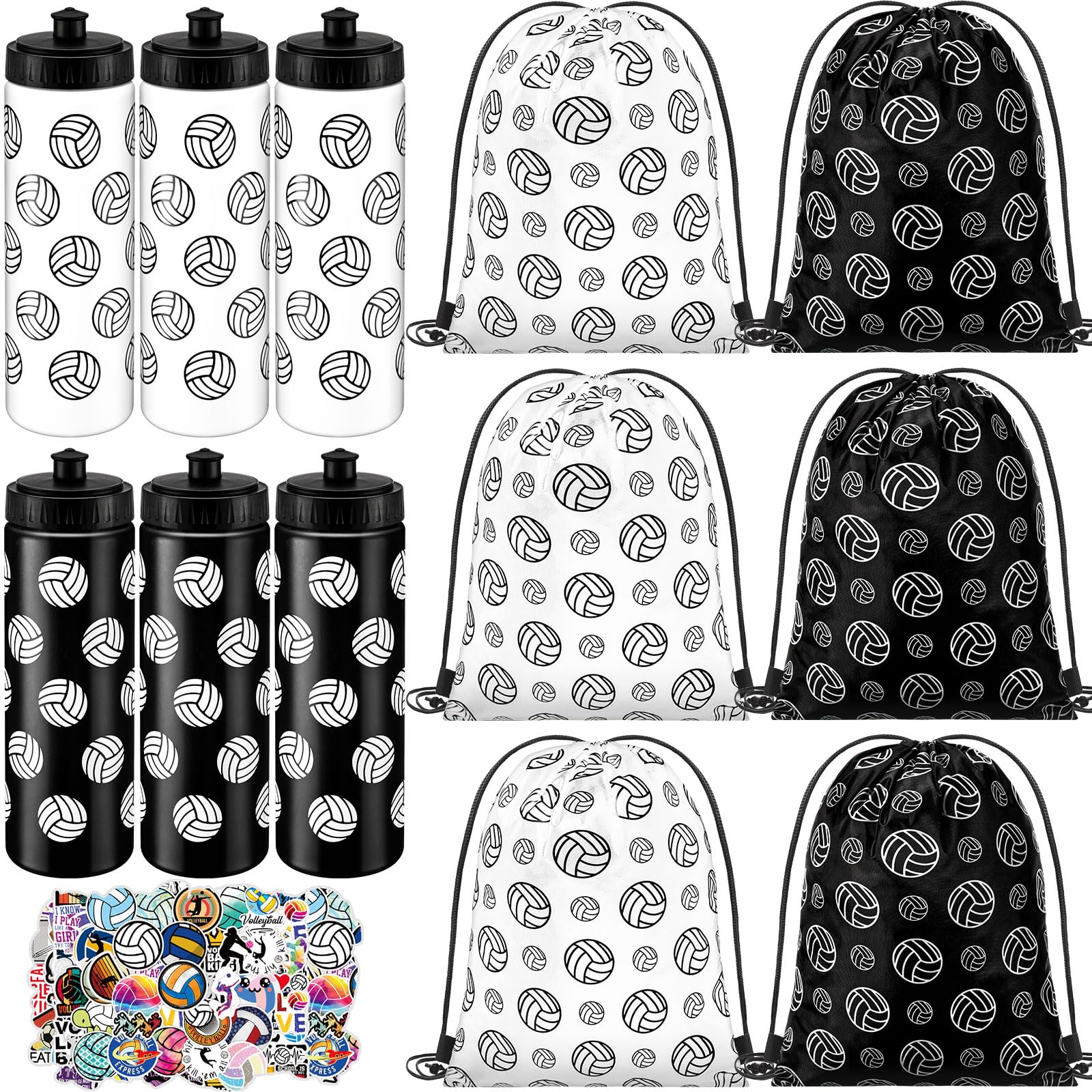Funnymoom 12 Pcs Volleyball Water Bottle Drawstring Bag Set with 50 Sticker Volleyballs Party Favors 6 Reusable Sports Squeeze Water Bottle 20oz 6