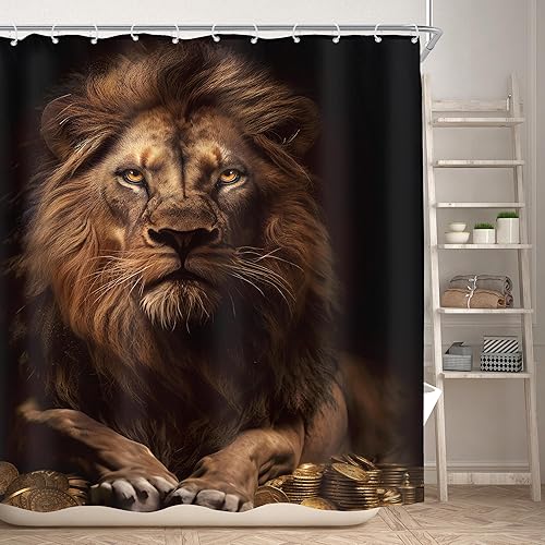 Miniatura 14 de KOMLLEX Cortina de ducha de león africano para decoración de baño, 60 pulgadas de ancho x 72 pulgadas de alto, cortina de ducha para hombre, monedas