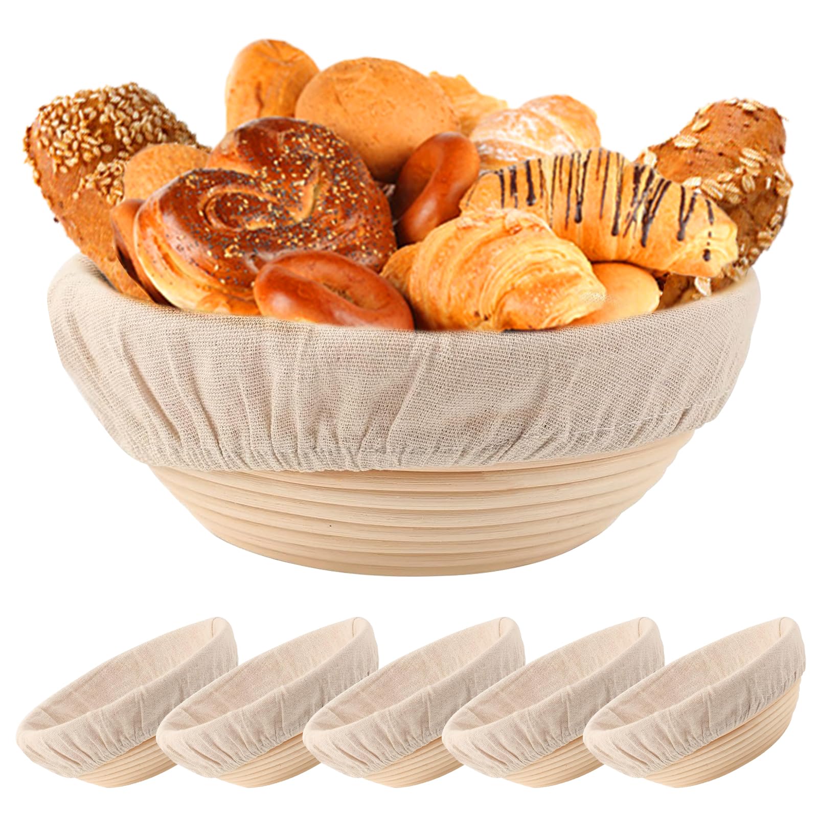 Photo 1 of Nalcant 5 Pack Round Banneton Proofing Basket Set 9 Inch, Natural Rattan Sourdough Bread Bowls with Linen Liners, Dough Baking Supplies for Professional & Home Bakers(9" Round, Set of 5)