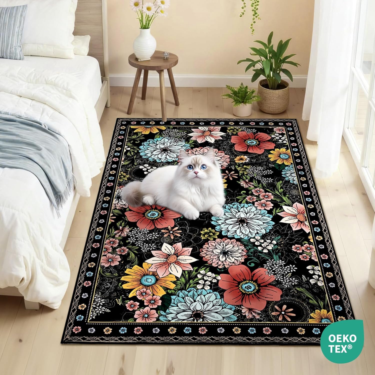 Yinhua Bedroom Rug 3x5 Rug Washable Boho Floral Rugs Non Slip, Black Soft Area Rugs, Low Pile Flowers Carpet for Bedroom, Entryway, Living Room, Dorm, Black