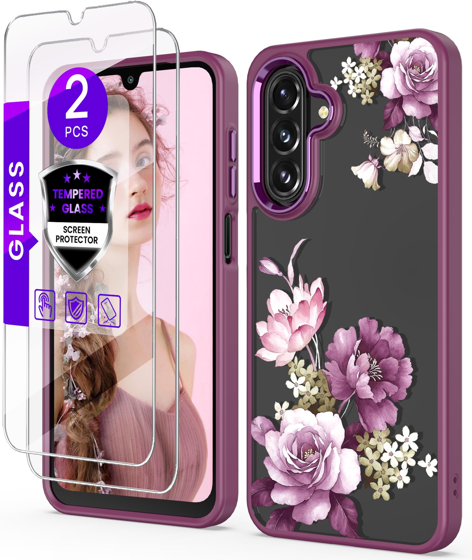 Crystal Clear Flower Case for Samsung Galaxy A17/A18-Purple | Girls Women Slim Soft TPU+Hard PC Military Grade Protective Phone Cover With Screen Protector for Galaxy A17/A18 5G