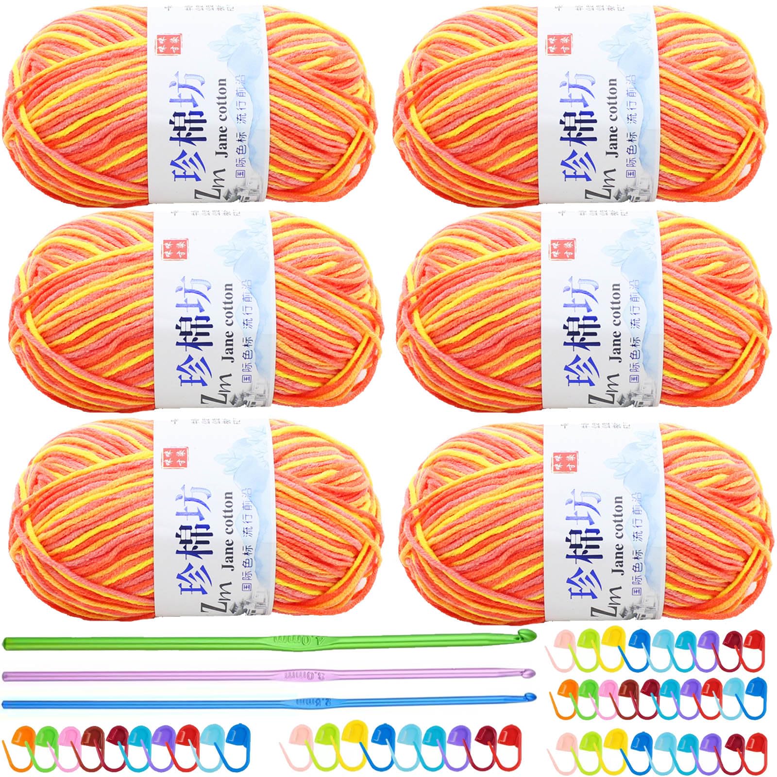 Crochet Yarn Balls(6 X 50g, 4-Ply), Knitting Wool Yarn for Crochet, Double Knitting Wool with Aluminum Crochet Hooks Stitch Markers, Ombre Acrylic Yarn for DIY Craft and Crochet (03 Autumn Orange)