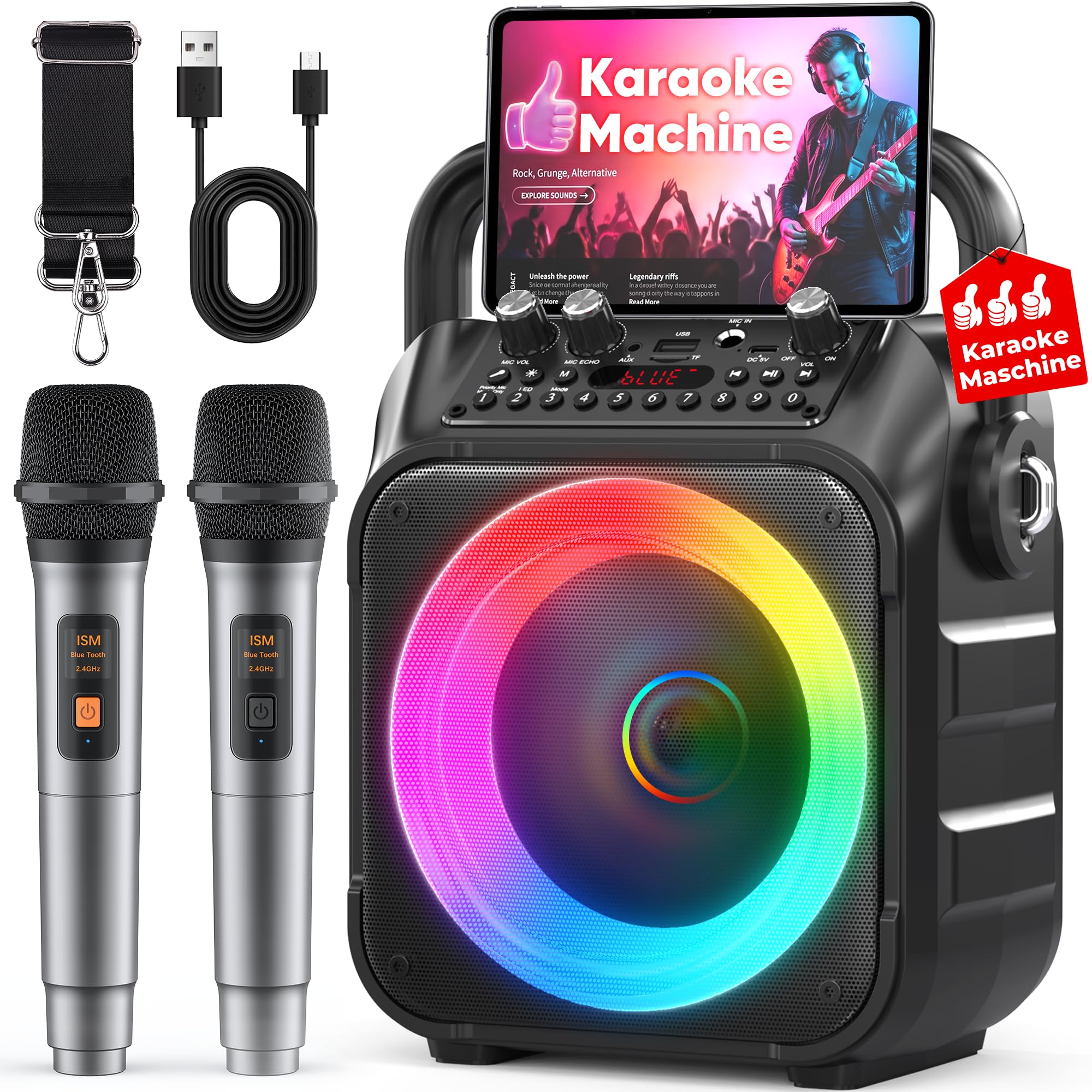 Wowstar - Altoparlante per karaoke con 2 microfoni per adulti: altoparlante per karaoke con microfoni wireless, mini set di macchine per karaoke, altoparlante Bluetooth portatile per TV, telefono,