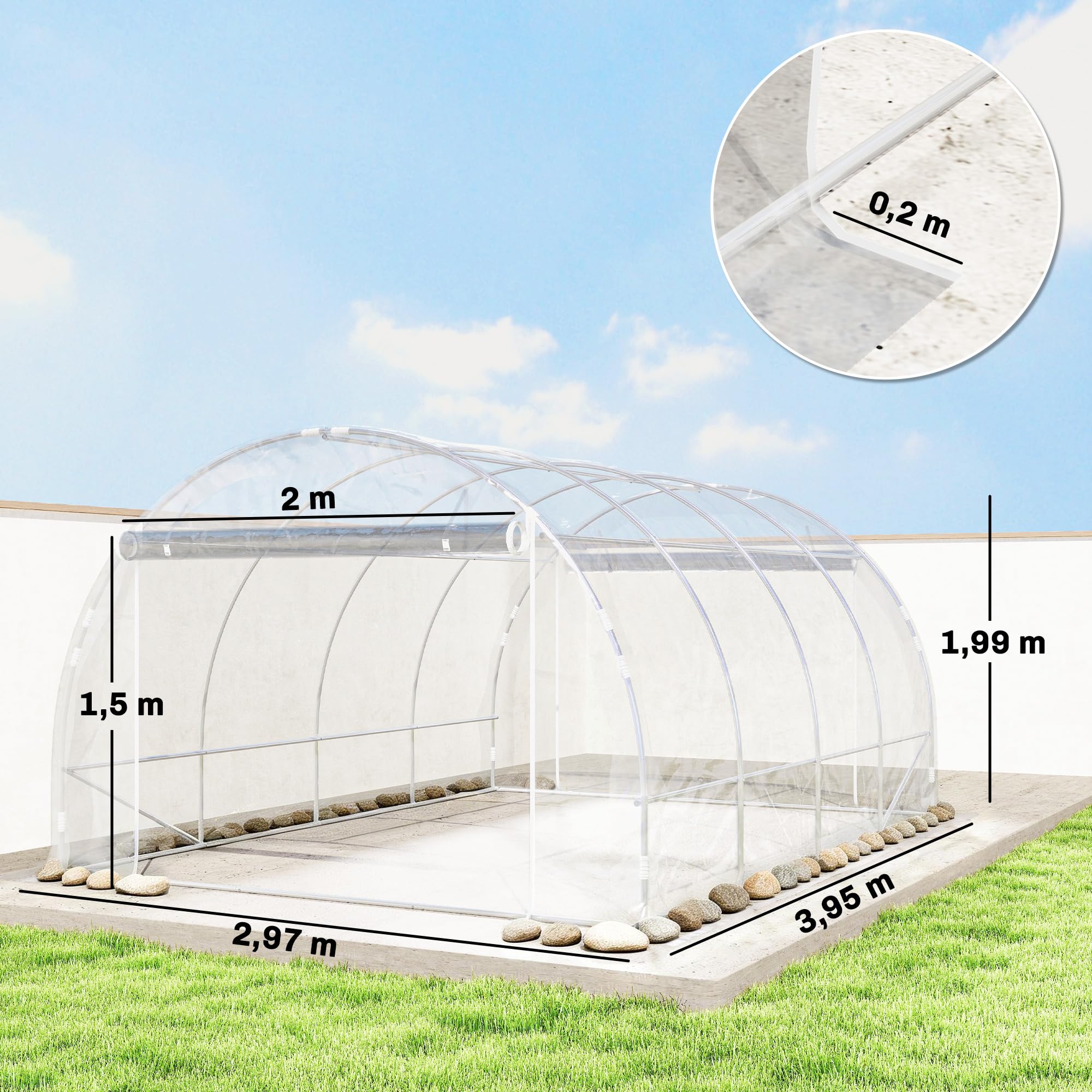 Outsunny Gewächshaus ca. 4 x 3 x 2 m Foliengewächshaus mit Breiter Rollbar Reißverschlusstür, Stützstangen Verlängerte Kanten 150g/m² PE UV-beständig Folientunnel, Winterfest Tomatenhaus, Transparent