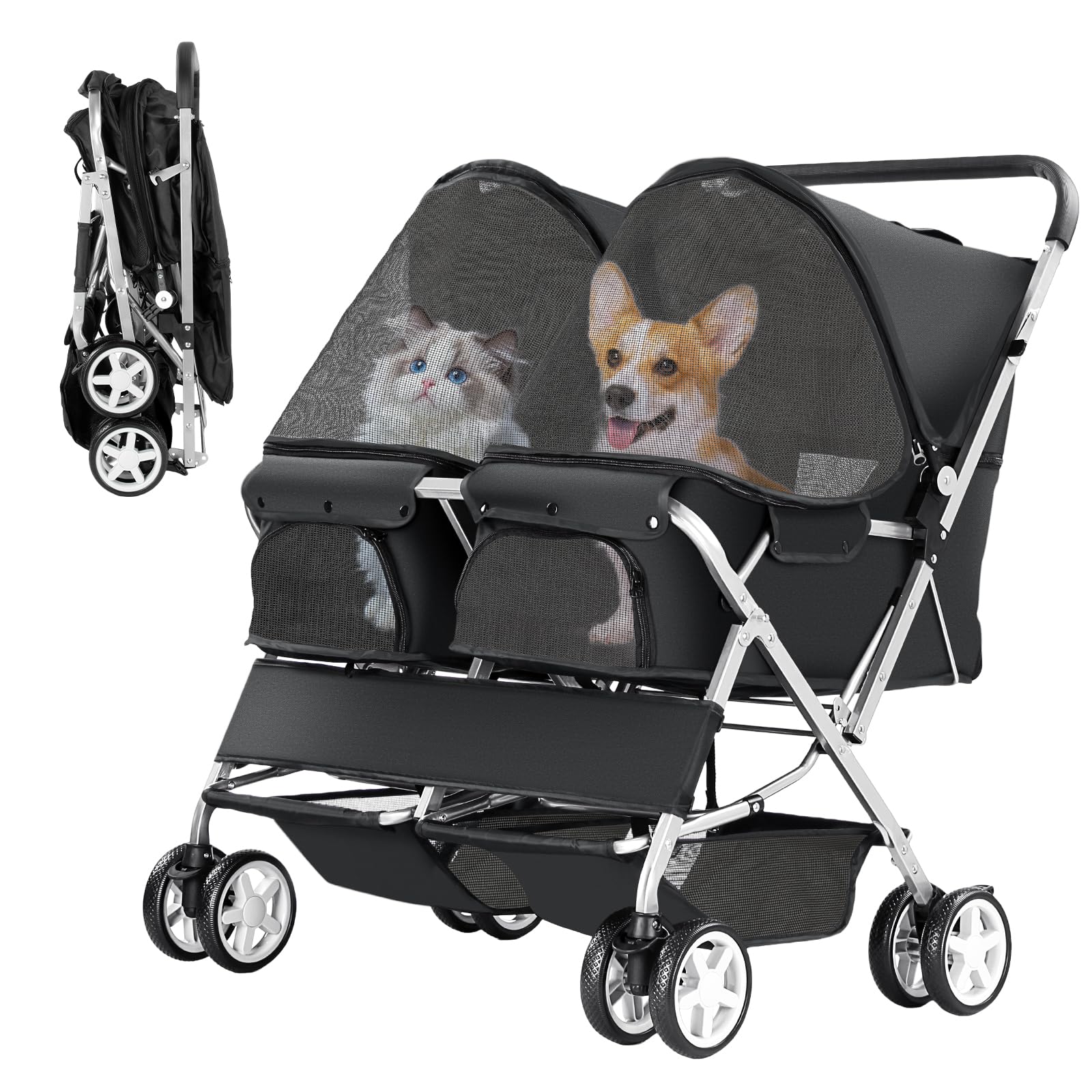 LPOTIUS Double Pet Stroller for 2 Dogs & Cats, Side-by-Side, Black