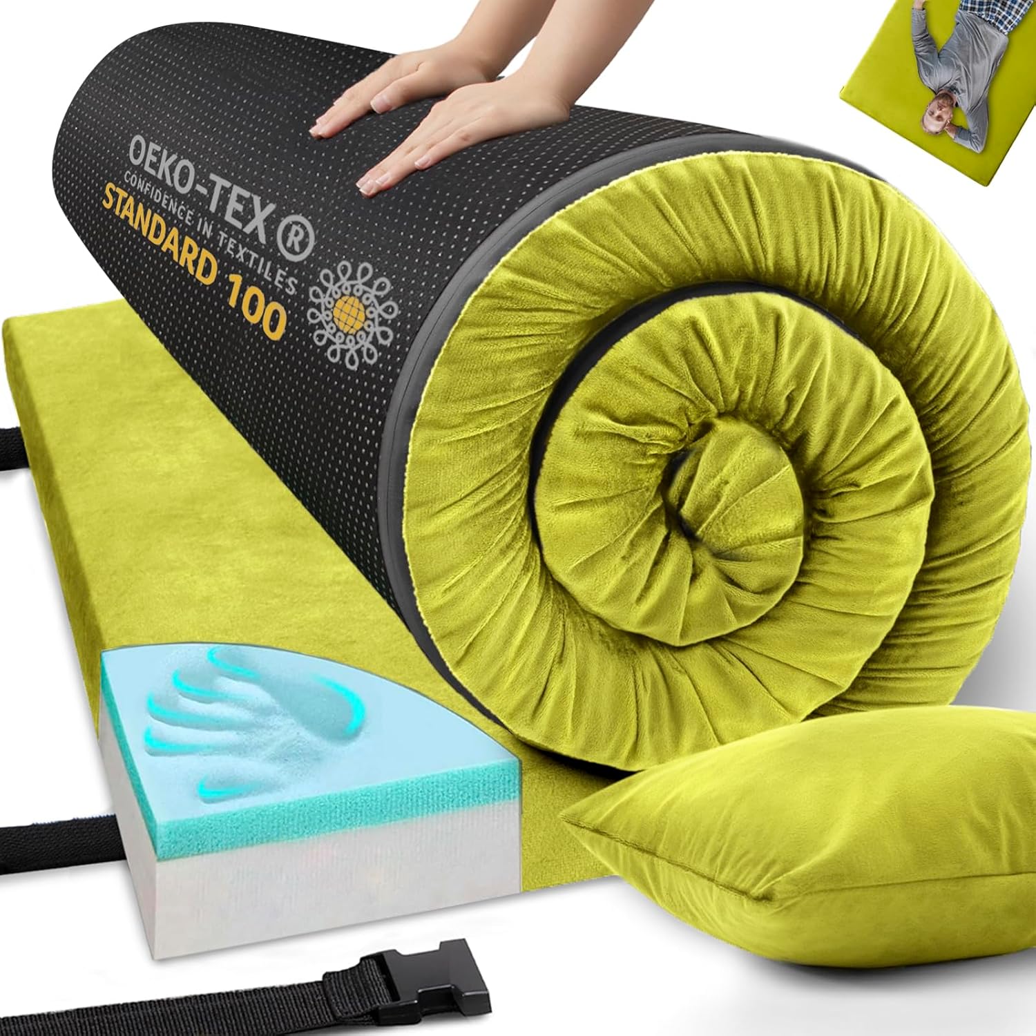 Memory Foam Camping Mattress Sleeping Pad, 3″ Thick Waterproof Portable Roll Up Sleeping Mats & Floor Mattress Pad with Pillow + Travel Bag for Camping Car Truck SUV Tent Sleepover Kids Adult