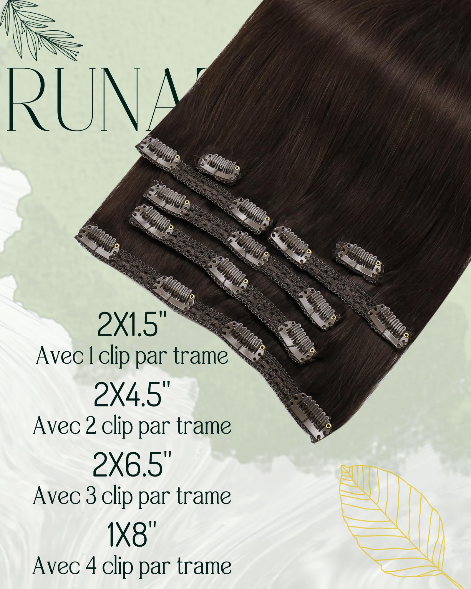 RUNATURE Extension à Clip Cheveux Naturel Marron Foncé 7pcs 120g 40cm Lisse
