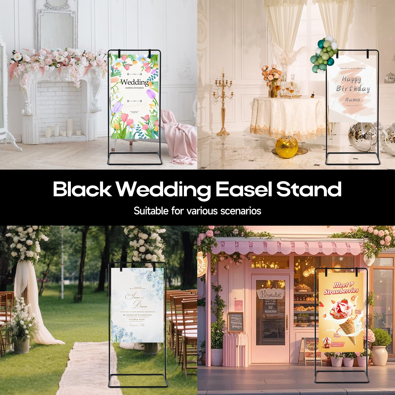 Soporte para letreros de boda, letrero de boda ajustable con paquete de diseño y correas para colgar letreros de cuero, soporte de caballete de metal duradero para letreros de bienvenida de boda