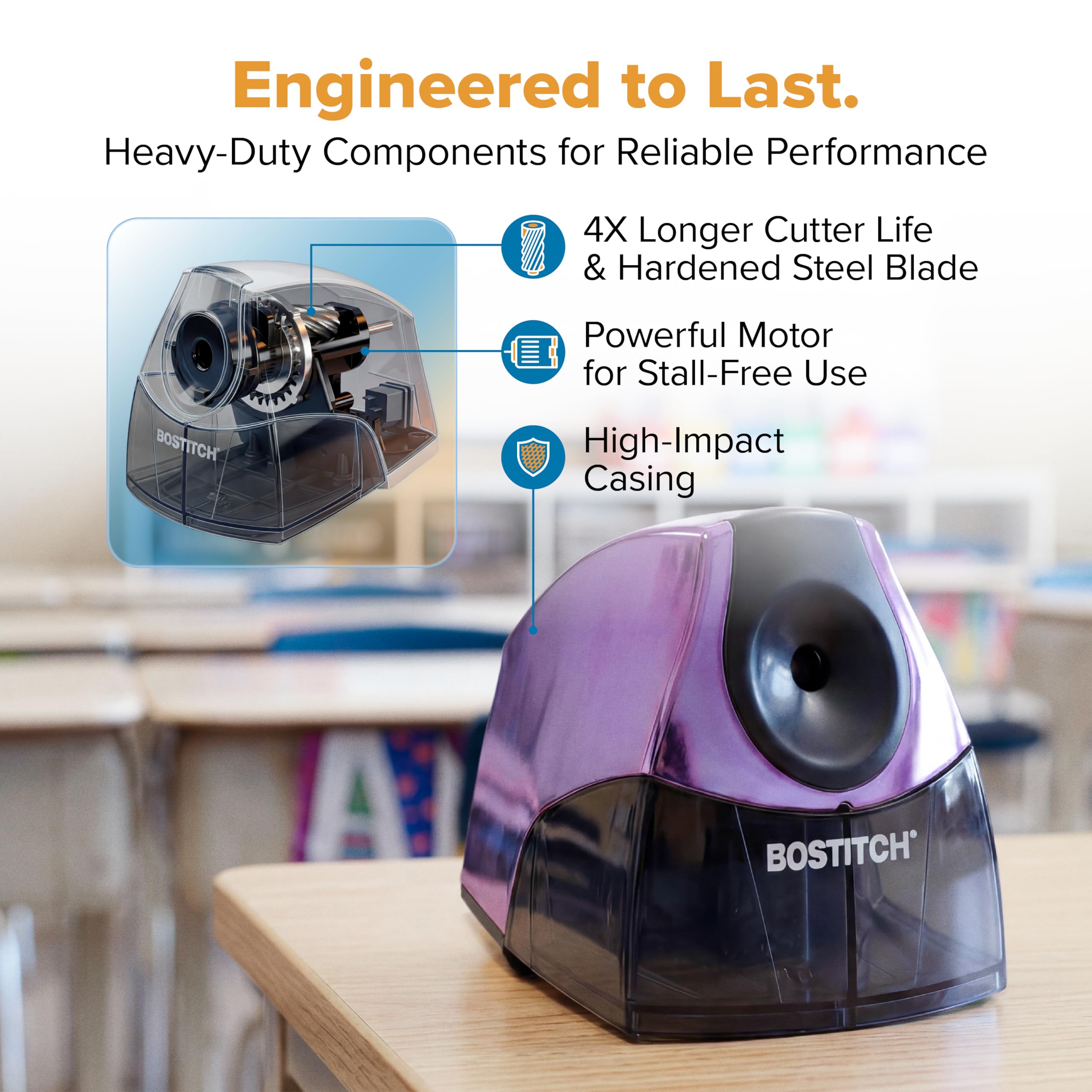 Bostitch Temperamatite elettrico personale, potente motore senza stallo, vassoio per trucioli ad alta capacità, viola metallizzato