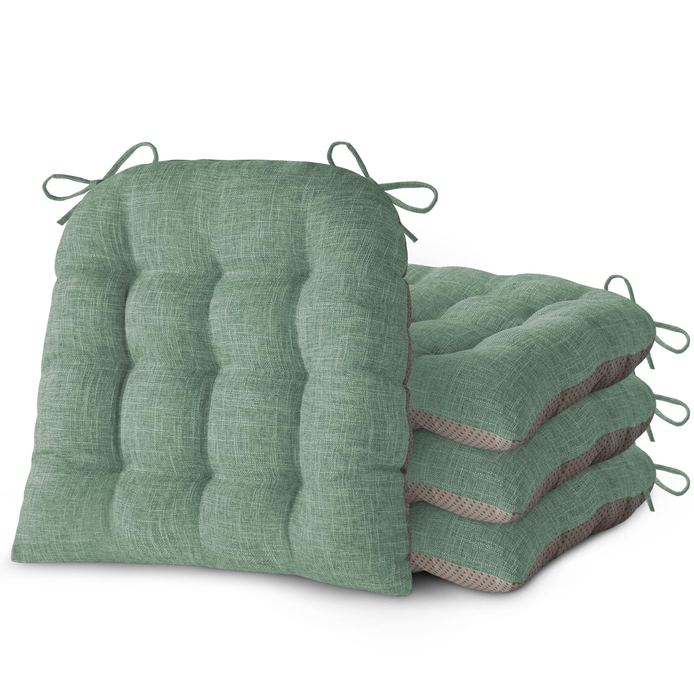 FlyGulls Chair Cushions for Dining Chairs Set of 4 Durable D-Shaped Seat Cushions with Non-Slip Backing Secure Ties Thick Cozy Seat Pad for Kitchen Dining Room Office(46x42x7.6cm Sage Green)