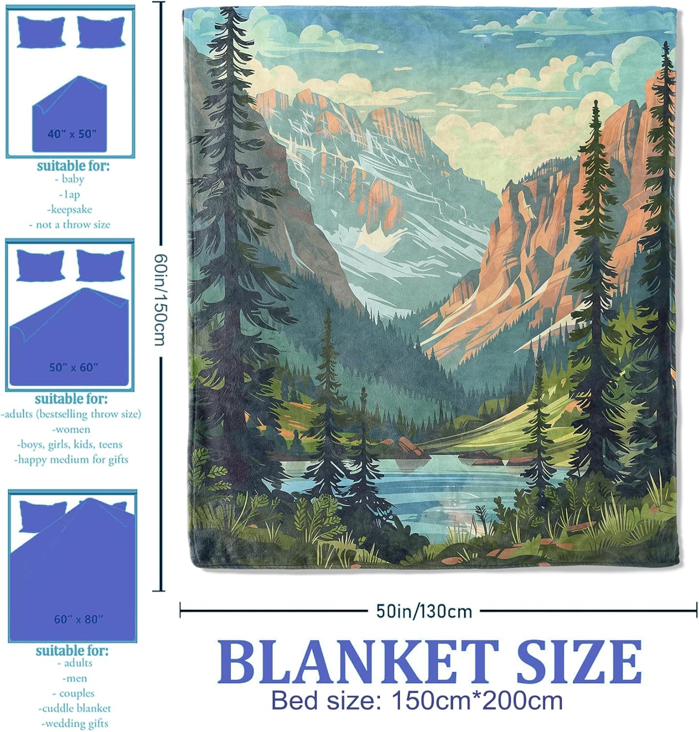 Mountain Landscape Scenic Blanket, Lightweight Soft Fleece Blankets Gifts for Women Girls Boys Adults, Throw for Living Room, Couch, Home, Sofa Decor, 50"x60"