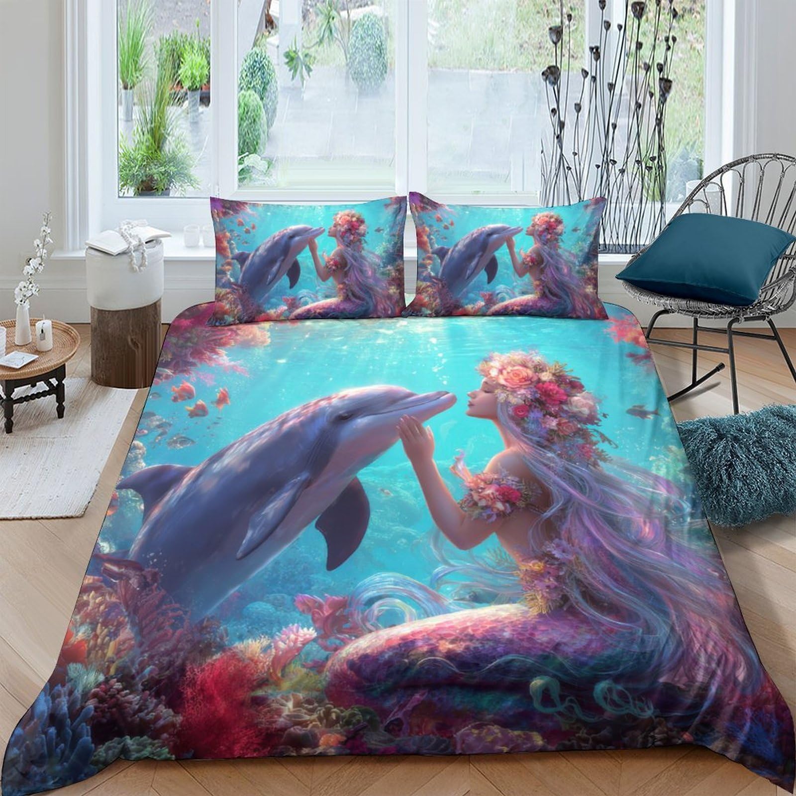 GPLZQXKJNH 3D Printed Mermaid Dolphin Duvet Cover Microfiber Soft Breathable Ocean Fantasy Bedding Set with 2 Pillowcases for Bedroom Decor Single（135x200cm）