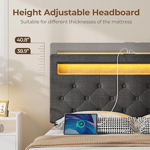 Miniatura 6 de Rolanstar Base de cama individual con estación de carga, cama LED con almacenamiento debajo de la cama, cabecera ajustable de 38.940.8 pulgadas, no