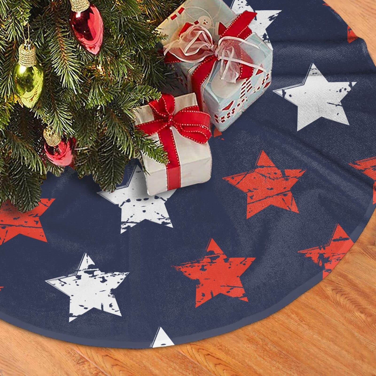 Mount Hour Christmas Tree Skirt, American Flag Day Memorial Day Patriotic Freedom Stars Xmas Large Tree Mat, New Year Festive Holiday Party Decorations 30
