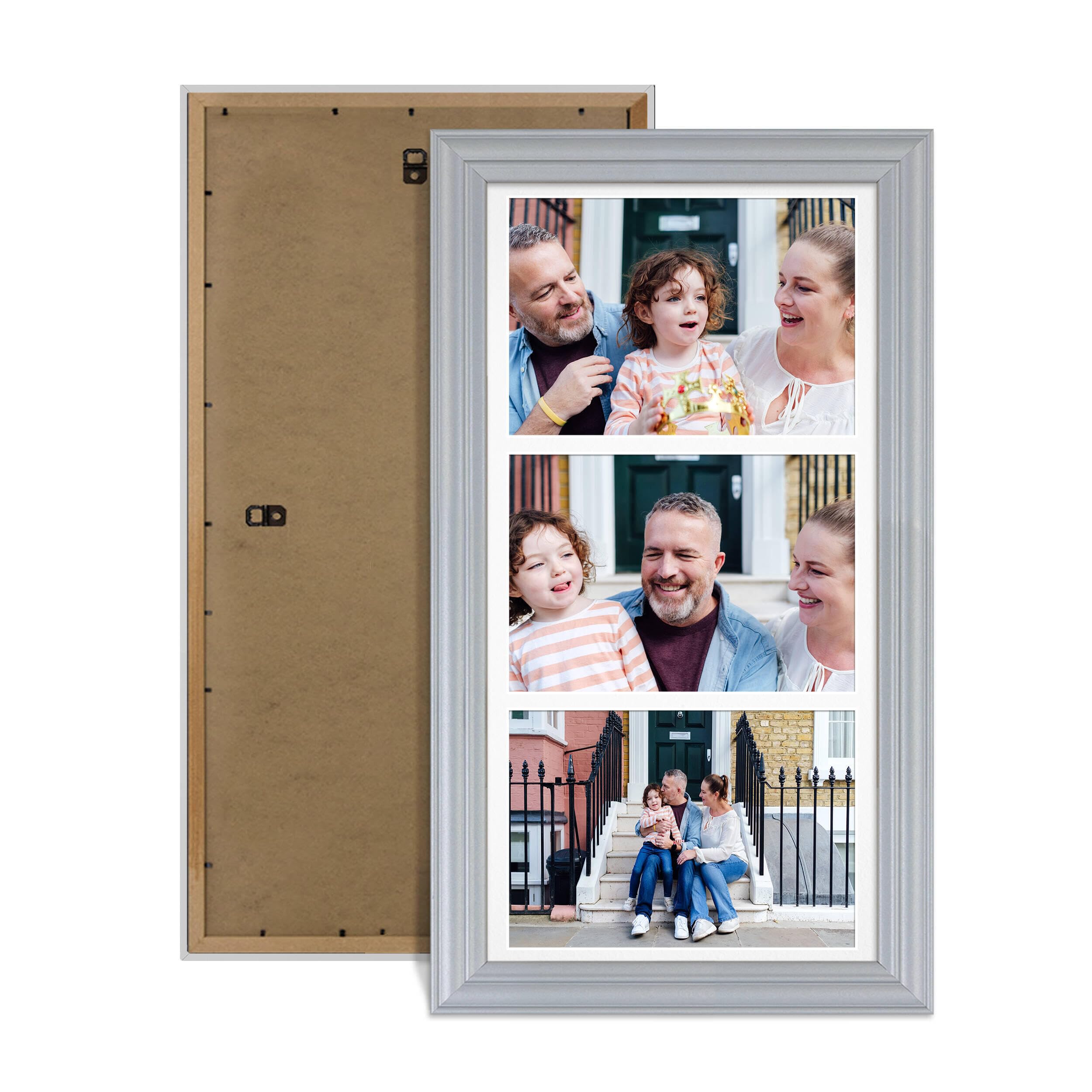 Alison Kingsgate Silver 16x8 Photo frames for multiple pictures- 3 Apertures Collage Frame with White Mount - Holds (3x) 7x5 Photos - Engineered Wood & Perspex